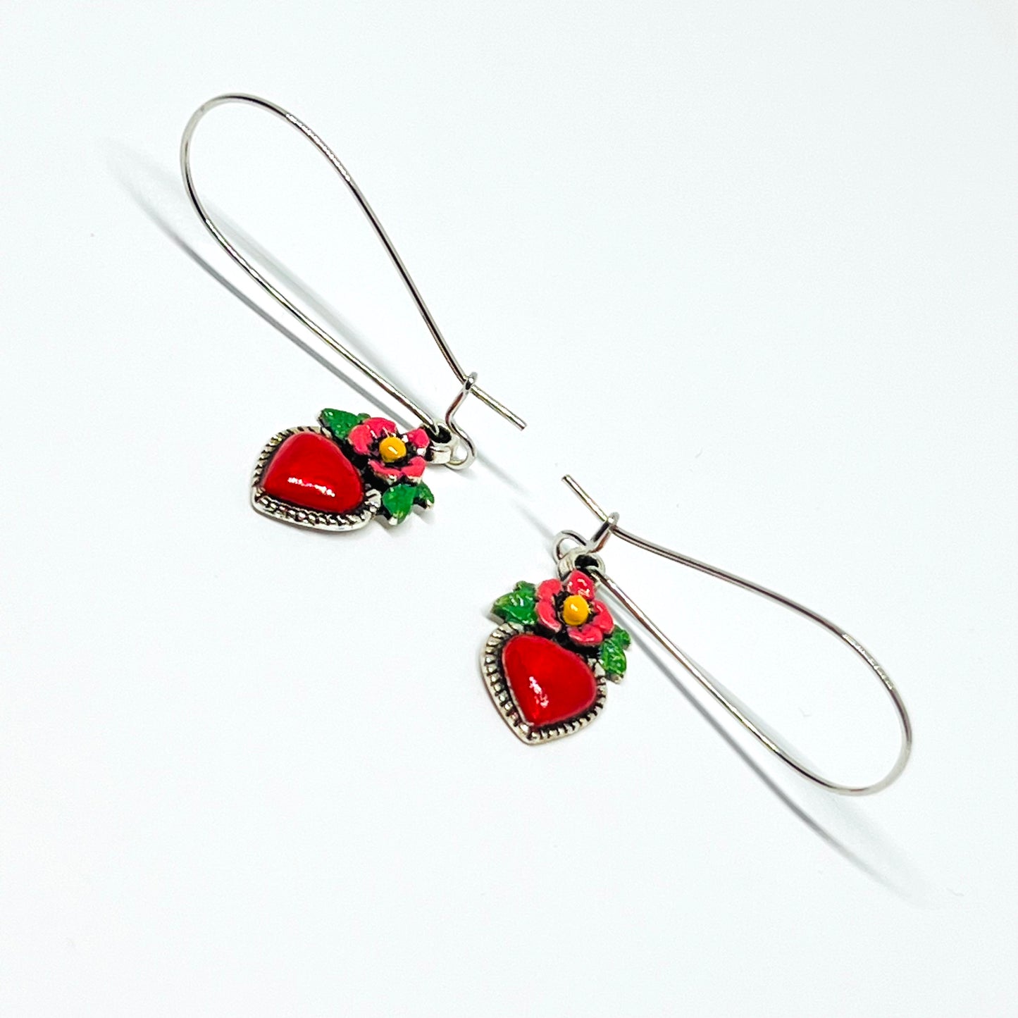 Silver Plated Long Kidney Ear Wires Heart Earrings HandPainted Vintage Style Flowered Hearts Cute Original Girl Woman Gift for Her Christmas