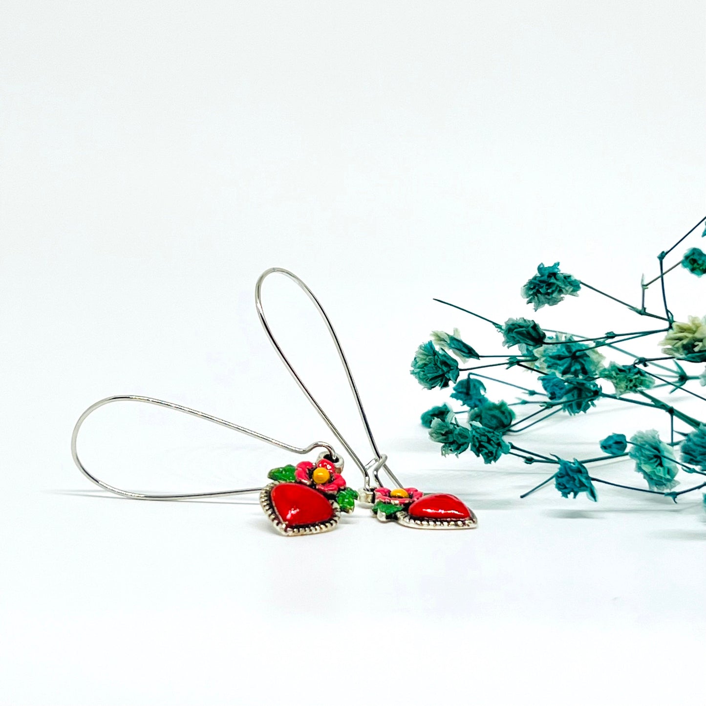 Silver Plated Long Kidney Ear Wires Heart Earrings HandPainted Vintage Style Flowered Hearts Cute Original Girl Woman Gift for Her Christmas