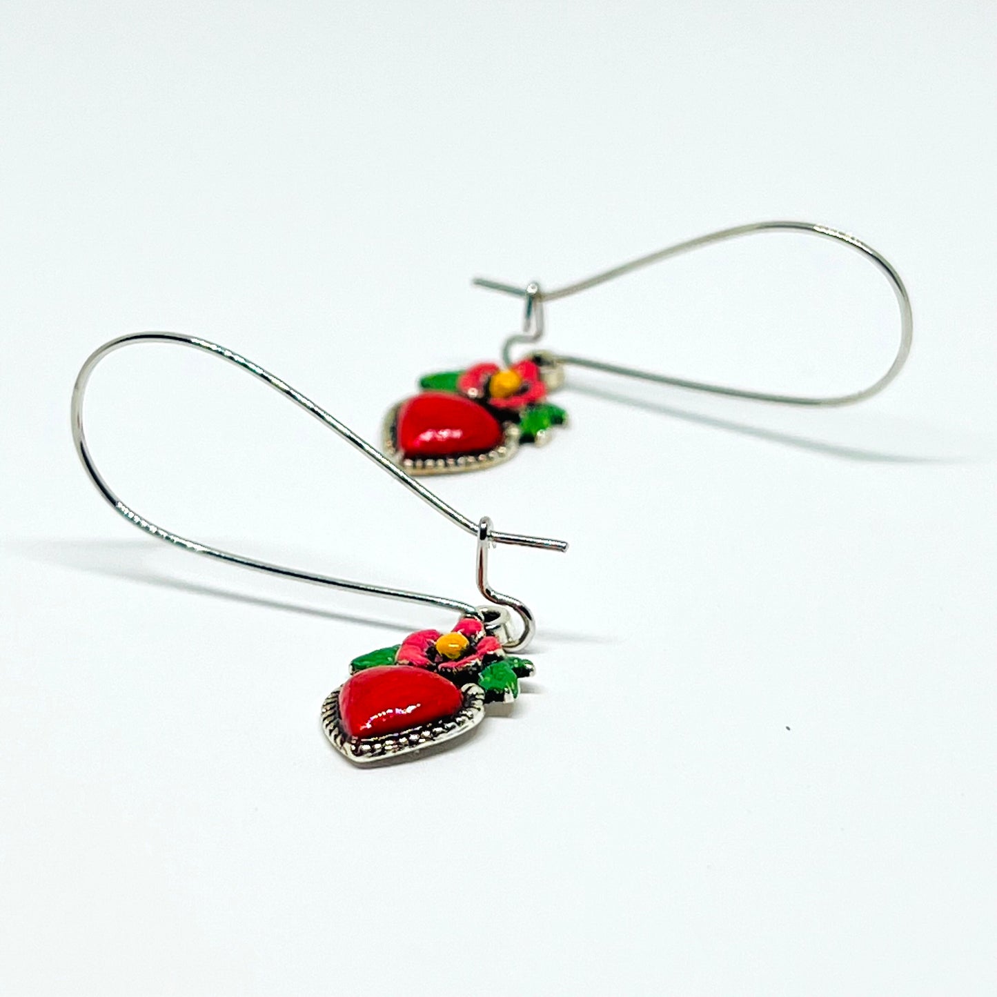 Silver Plated Long Kidney Ear Wires Heart Earrings HandPainted Vintage Style Flowered Hearts Cute Original Girl Woman Gift for Her Christmas