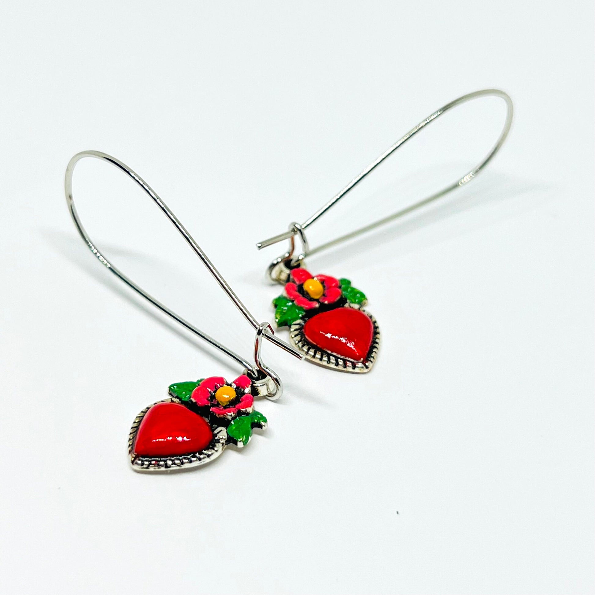 Silver Plated Long Kidney Ear Wires Heart Earrings HandPainted Vintage Style Flowered Hearts Cute Original Girl Woman Gift for Her Christmas