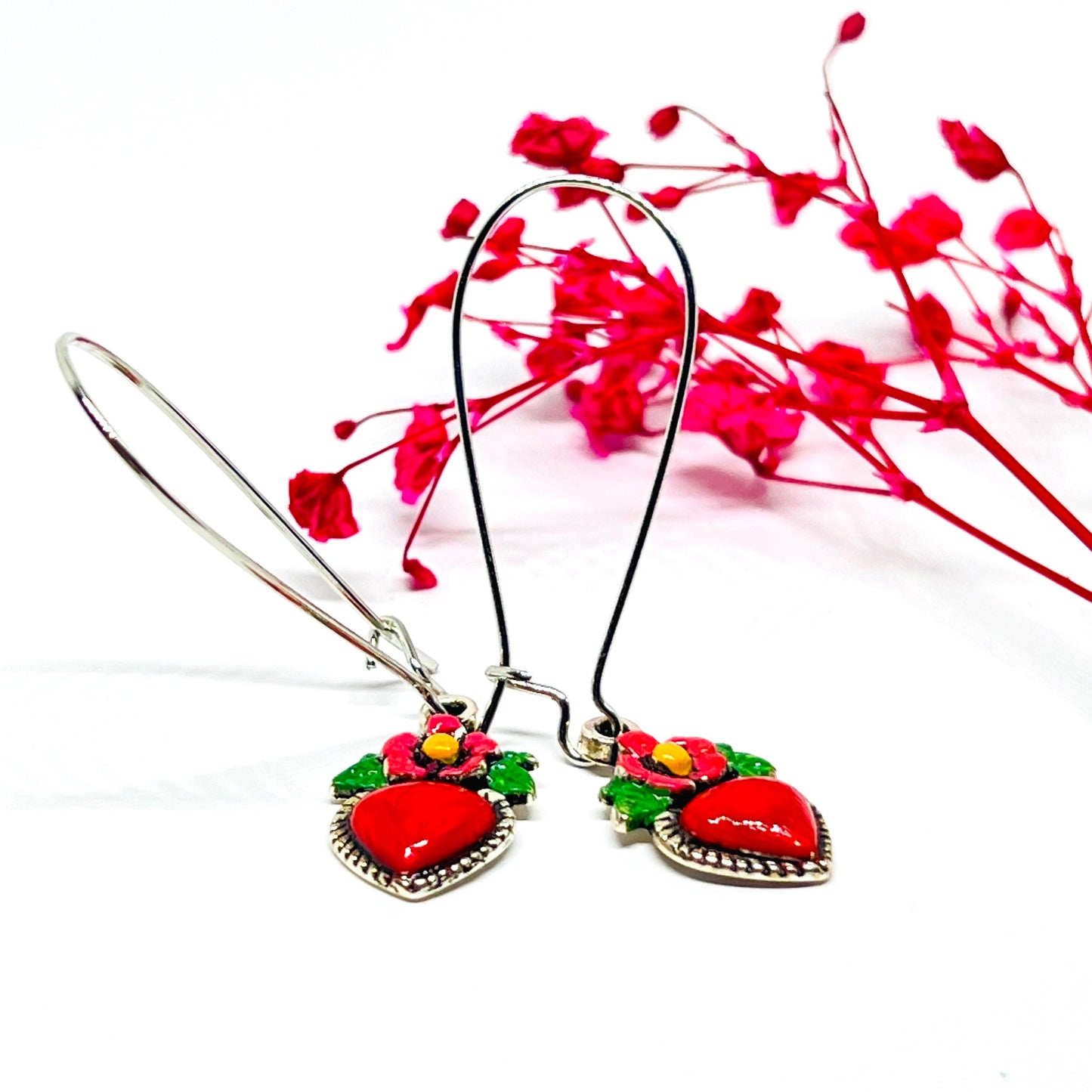 Silver Plated Long Kidney Ear Wires Heart Earrings HandPainted Vintage Style Flowered Hearts Cute Original Girl Woman Gift for Her Christmas