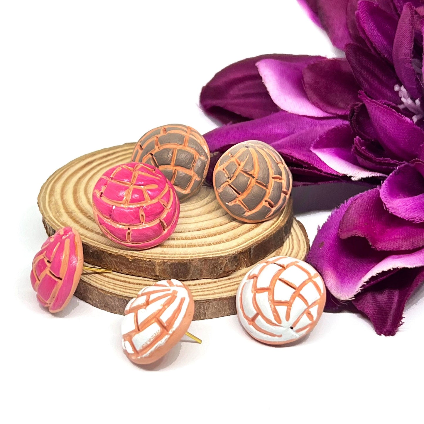Conchitas Earrings Clay Food Jewelry Mexican Concha Stud Earrings Set Hand Painted Handmade Aretes Mexico Vainilla Fresa Chocolate Gift Idea