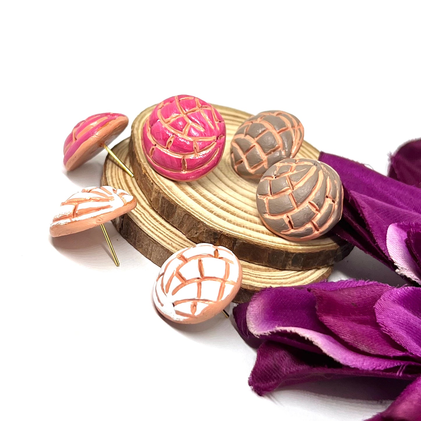 Conchitas Earrings Clay Food Jewelry Mexican Concha Stud Earrings Set Hand Painted Handmade Aretes Mexico Vainilla Fresa Chocolate Gift Idea