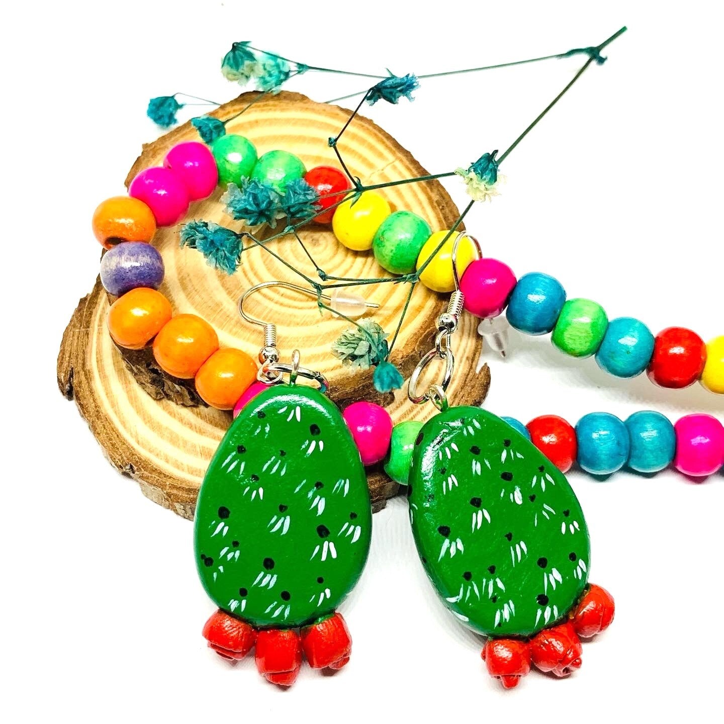 Glamorous Cactus Earrings Natural Clay Handmade Hand Painted Green Cactus Drop and Dangle Pendants Women Girls Gift Nopal Nopalitos Aretes