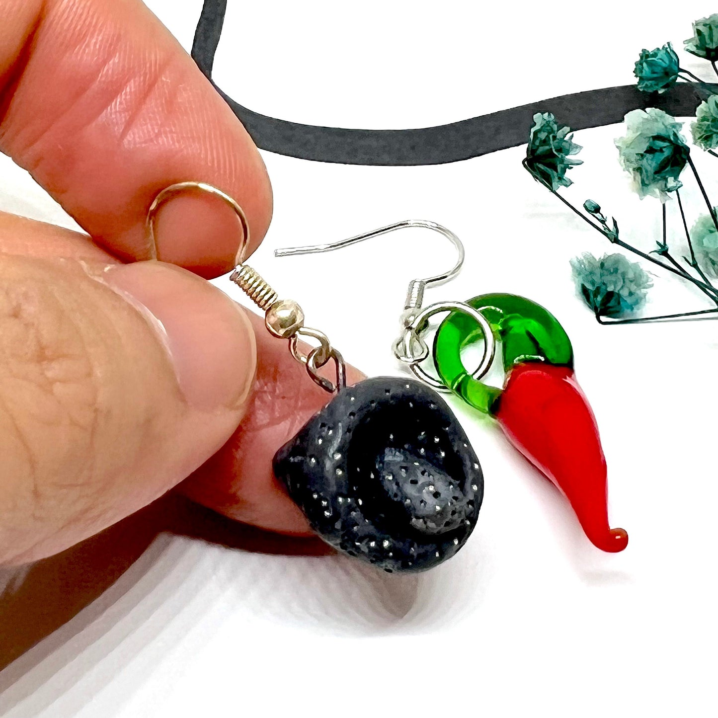 Mexican Jewelry Clay Earrings Molcajete Jalapeno Folk Art Mortar Lamp Glass Red Chili Asymmetrical Drop and Dangle Earrings Women Girls Gift
