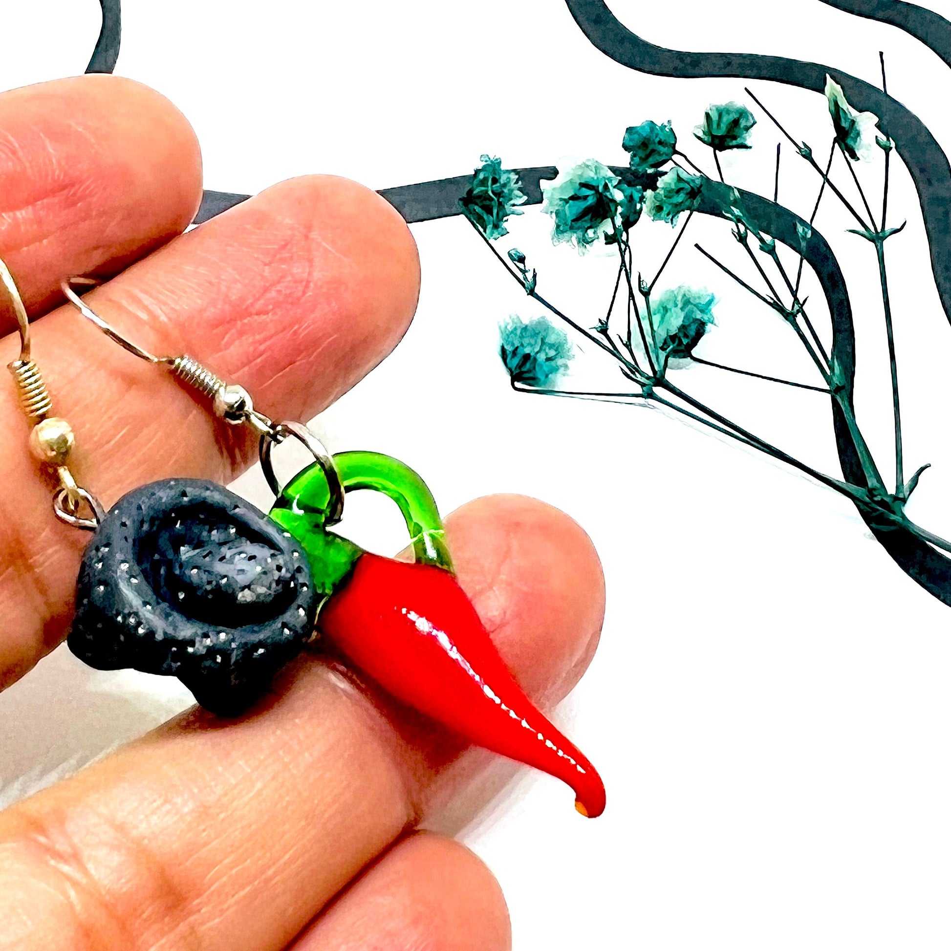 Mexican Jewelry Clay Earrings Molcajete Jalapeno Folk Art Mortar Lamp Glass Red Chili Asymmetrical Drop and Dangle Earrings Women Girls Gift