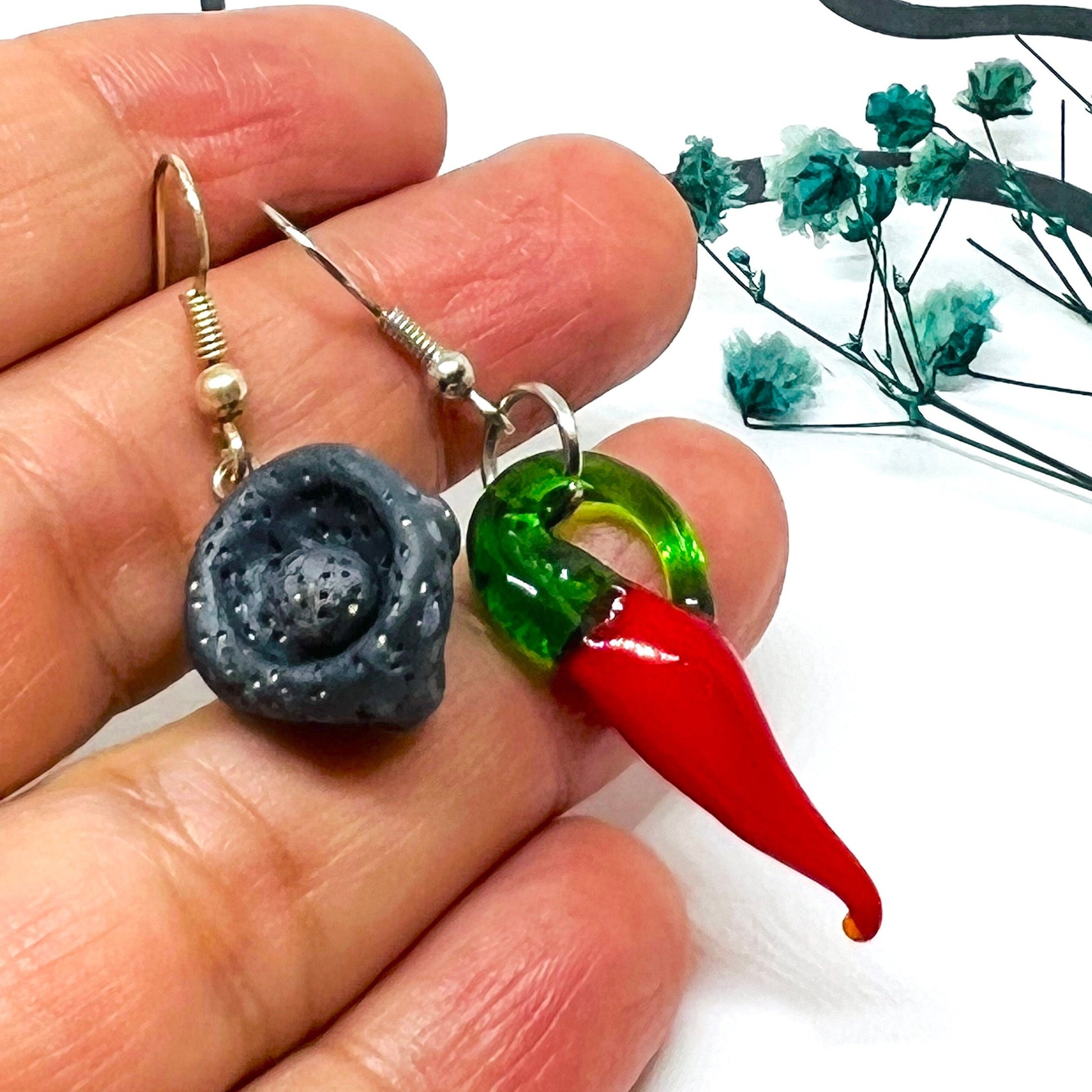 Mexican Jewelry Clay Earrings Molcajete Jalapeno Folk Art Mortar Lamp Glass Red Chili Asymmetrical Drop and Dangle Earrings Women Girls Gift