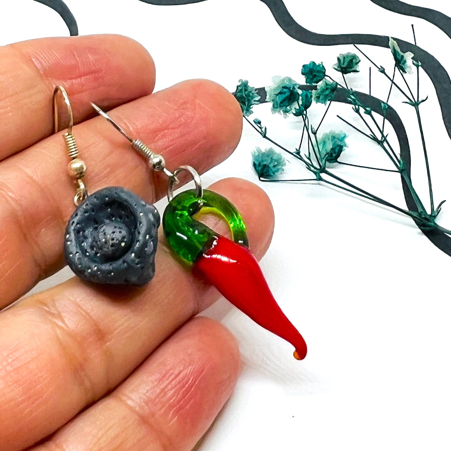 Mexican Jewelry Clay Earrings Molcajete Jalapeno Folk Art Mortar Lamp Glass Red Chili Asymmetrical Drop and Dangle Earrings Women Girls Gift
