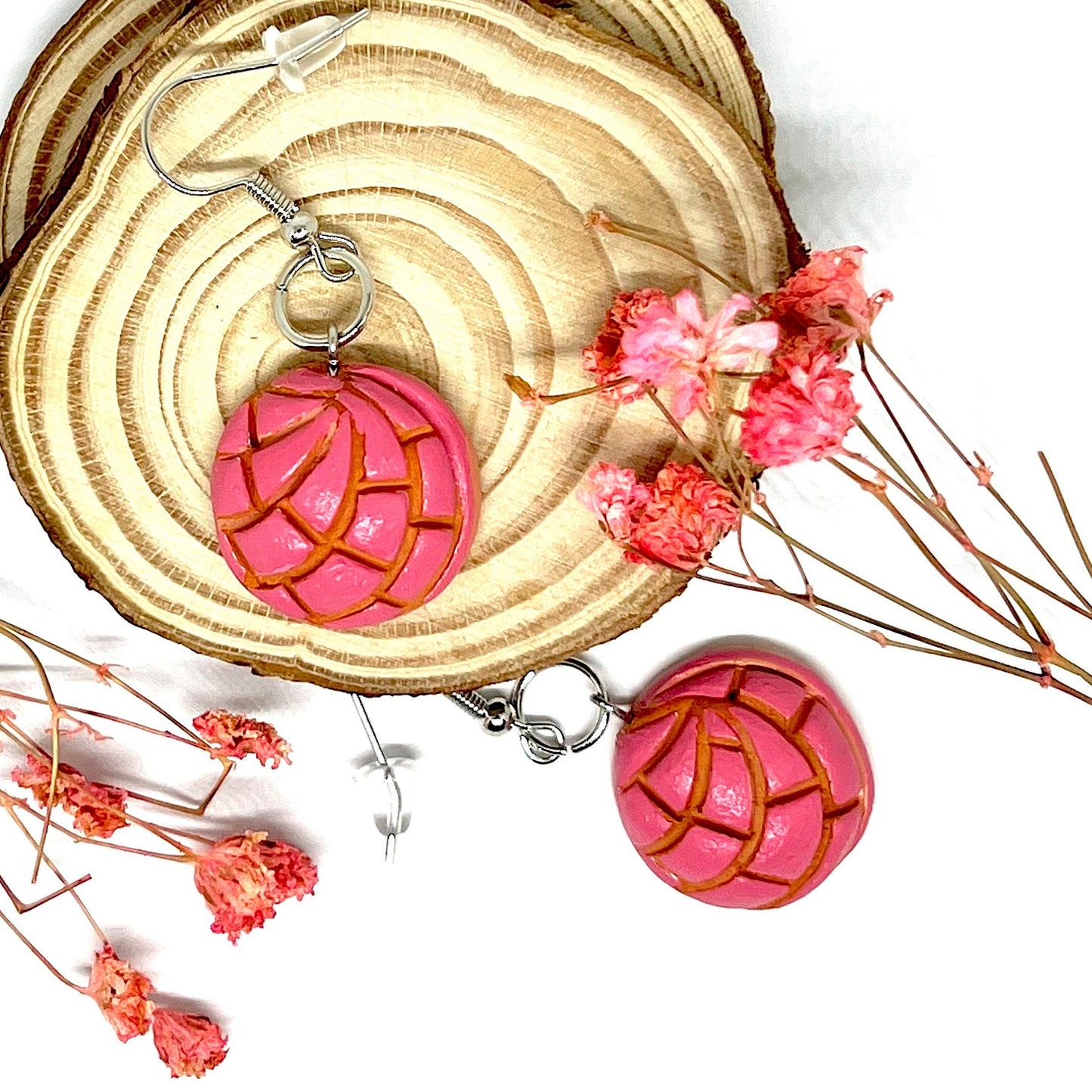 Strawberry Pink Concha Clay Earrings Dangle SweetBread Handpainted Food Jewelry Fashion Mexican FolkArt Conchitas Women Girls Gift Birthday