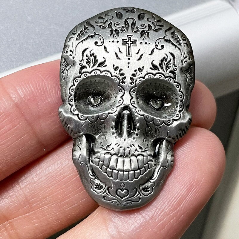 Sugar Skull Mexican Brooch Metal Grey Silver Tone Day of The Dead Dia de Muertos Mexico Folk Art Skull Jewelry Accessory Carved Metallic Pin