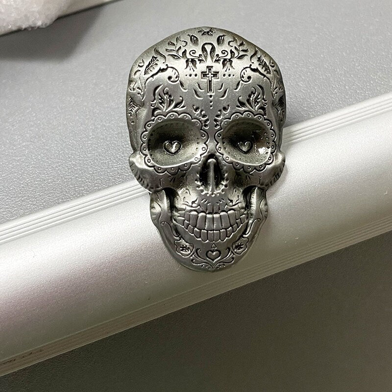 Sugar Skull Mexican Brooch Metal Grey Silver Tone Day of The Dead Dia de Muertos Mexico Folk Art Skull Jewelry Accessory Carved Metallic Pin