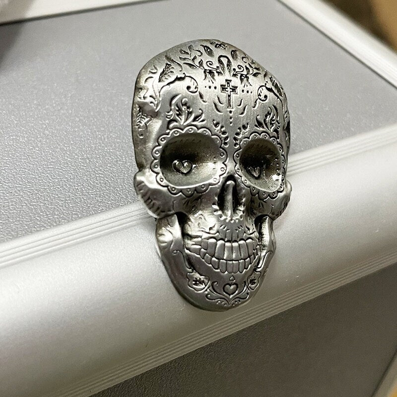 Sugar Skull Mexican Brooch Metal Grey Silver Tone Day of The Dead Dia de Muertos Mexico Folk Art Skull Jewelry Accessory Carved Metallic Pin