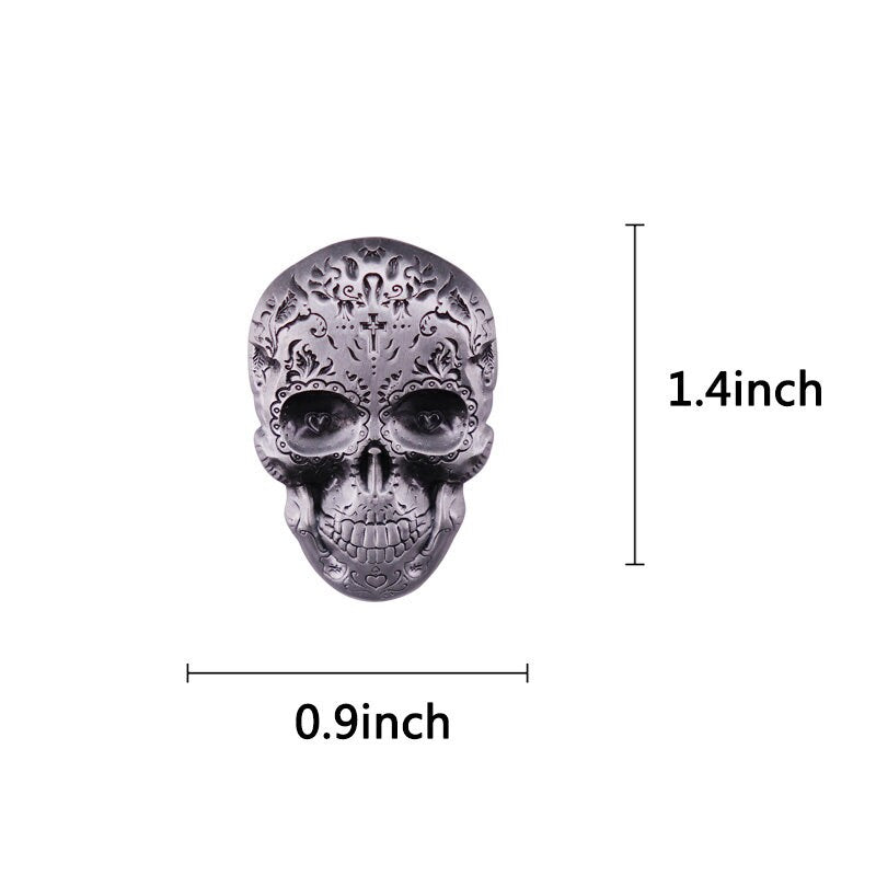 Sugar Skull Mexican Brooch Metal Grey Silver Tone Day of The Dead Dia de Muertos Mexico Folk Art Skull Jewelry Accessory Carved Metallic Pin