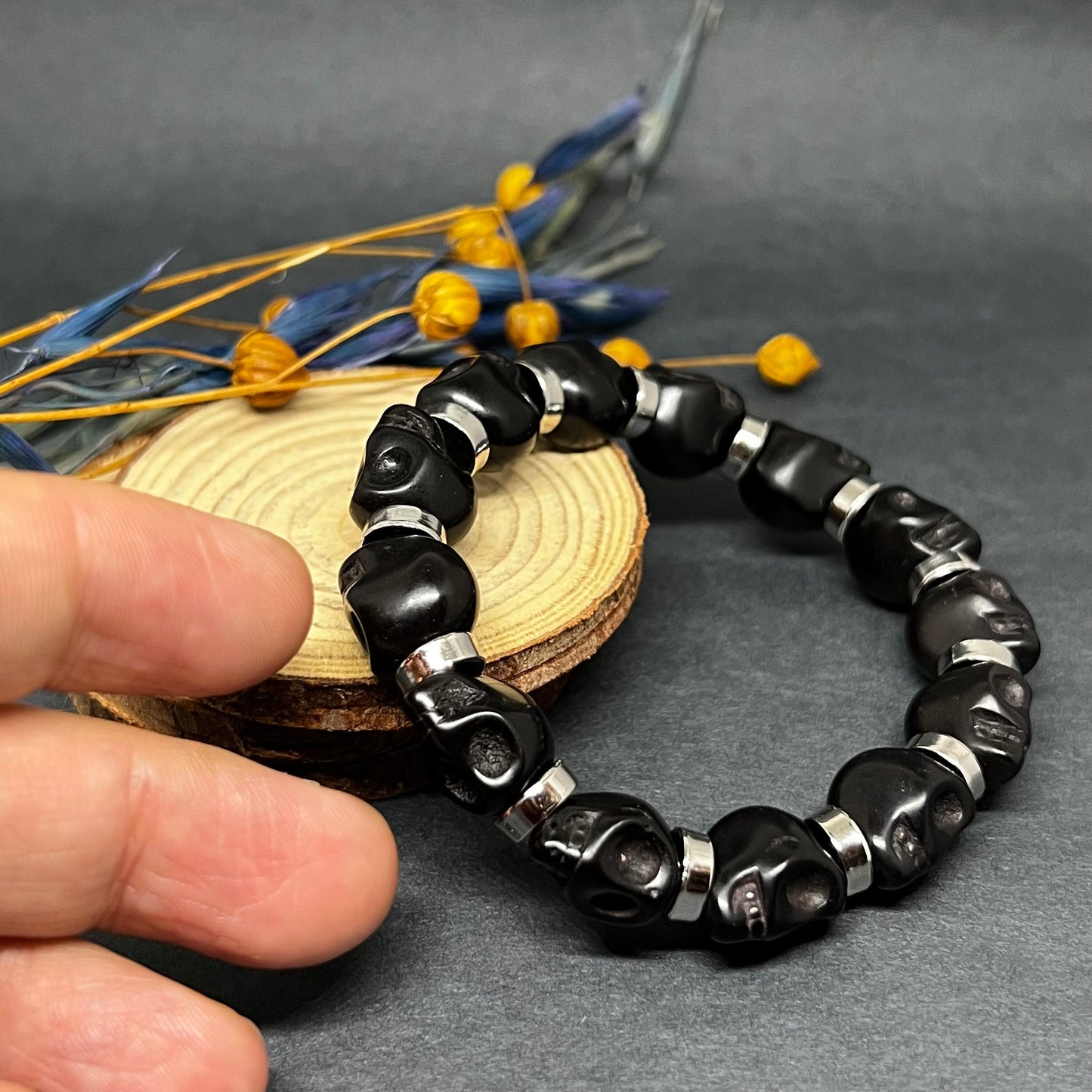 Black Skull Beaded Wristband Elastic Bracelet with Metallic Silver Steel Tone Beads Man Jewelry Men's Casual Fashion Day of the Dead Gift