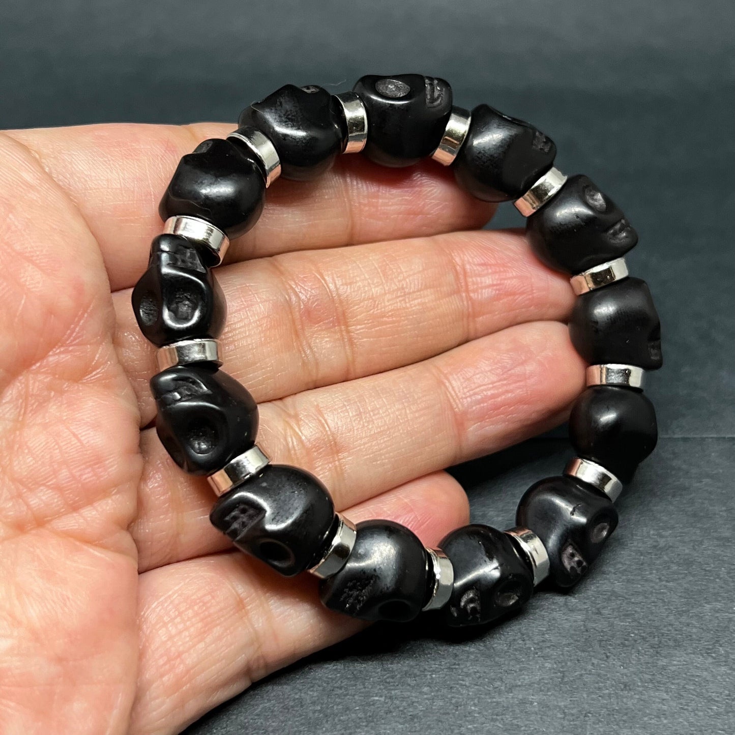 Black Skull Beaded Bracelet with Metallic Silver Steel Tone Beads Wristband Man Jewelry Men's Casual Fashion Day of the Dead Halloween Gift