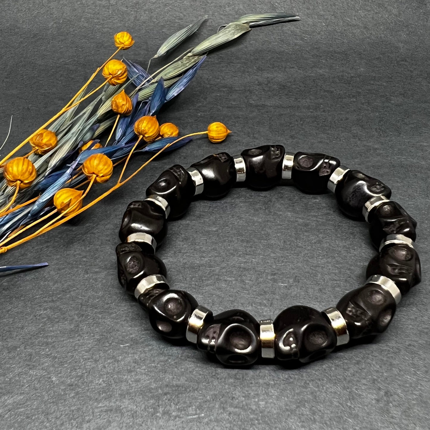 Black Skull Beaded Bracelet with Metallic Silver Steel Tone Beads Wristband Man Jewelry Men's Casual Fashion Day of the Dead Halloween Gift