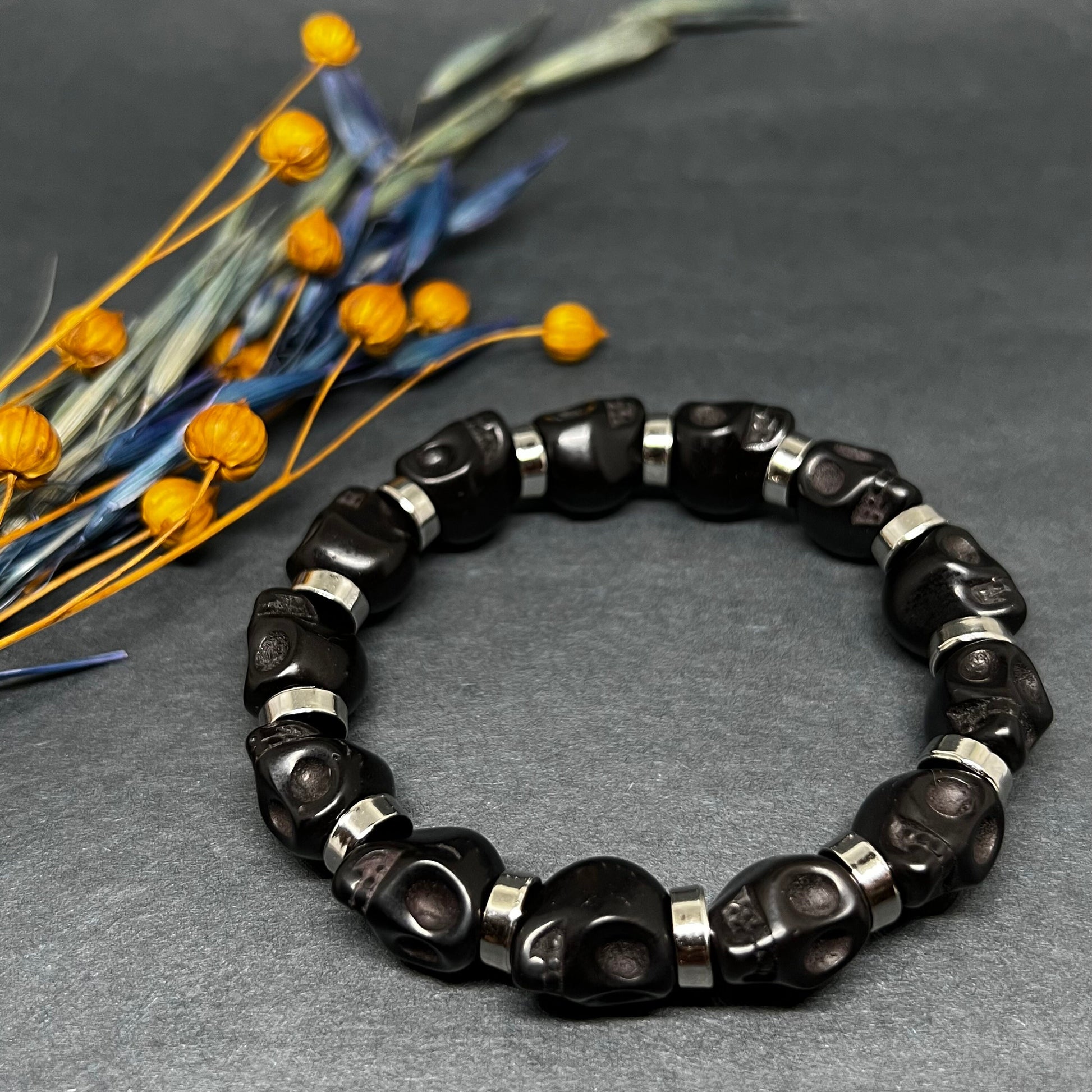 Black Skull Beaded Wristband Elastic Bracelet with Metallic Silver Steel Tone Beads Man Jewelry Men's Casual Fashion Day of the Dead Gift