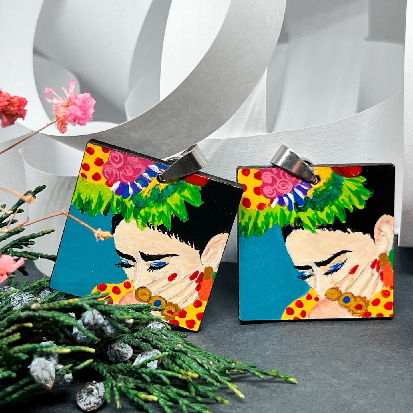 Colorful Frida Earrings Hand Painted Wood Original Wearable Art Bohemian Mexican Jewelry Pretty Woman & Girl Birthday Gift Christmas Mexico