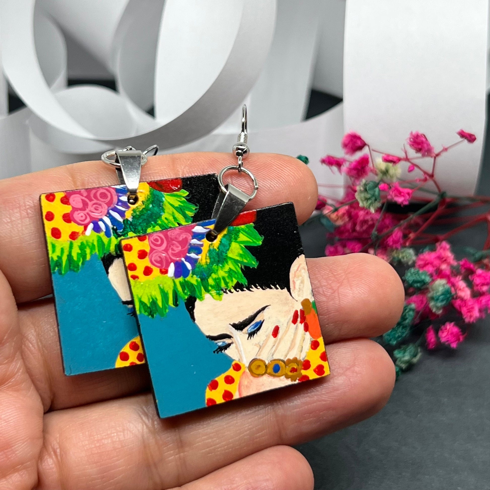 Colorful Frida Earrings Hand Painted Wood Original Wearable Art Bohemian Mexican Jewelry Pretty Woman & Girl Birthday Gift Christmas Mexico