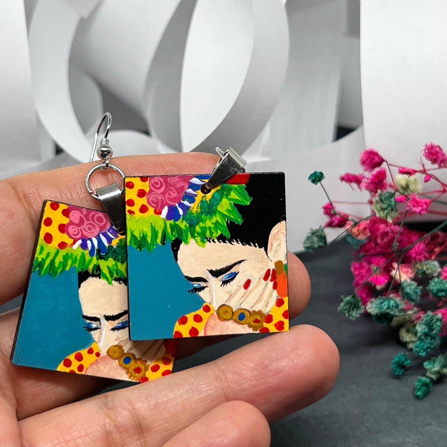 Colorful Frida Earrings Hand Painted Wood Original Wearable Art Bohemian Mexican Jewelry Pretty Woman & Girl Birthday Gift Christmas Mexico