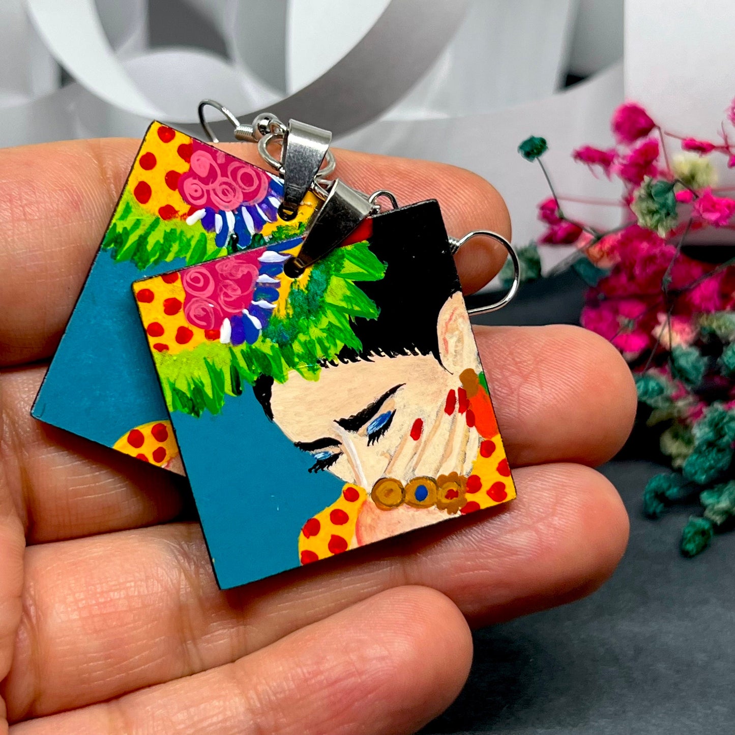 Enchanting and Majestic Frida Earrings Colorful Mexican Artist Portrait Jewelry Painted by Hand Artisan Mexico Folk Art to Wear Woman Gift
