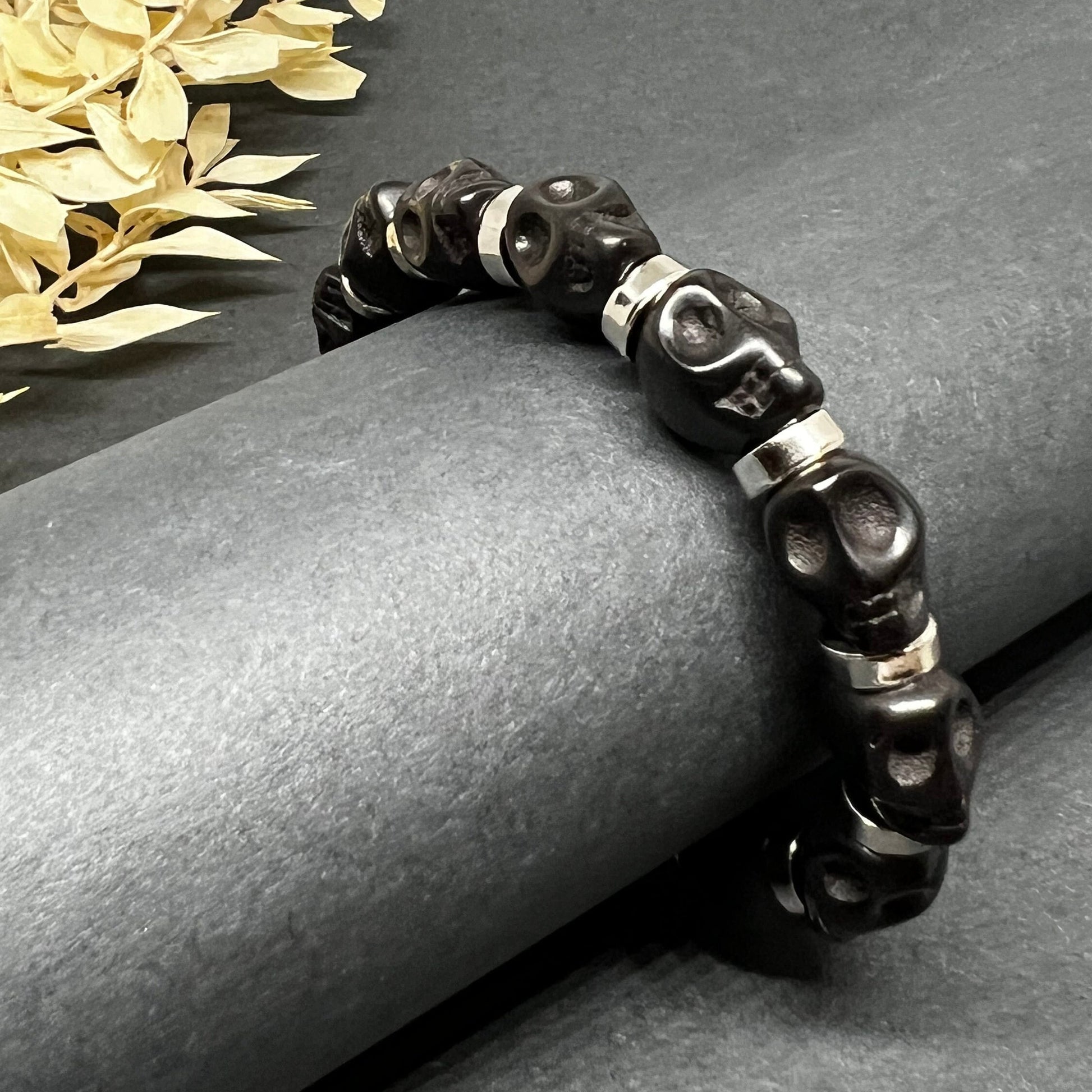 Black Skull Beaded Wristband Elastic Bracelet with Metallic Silver Steel Tone Beads Man Jewelry Men's Casual Fashion Day of the Dead Gift