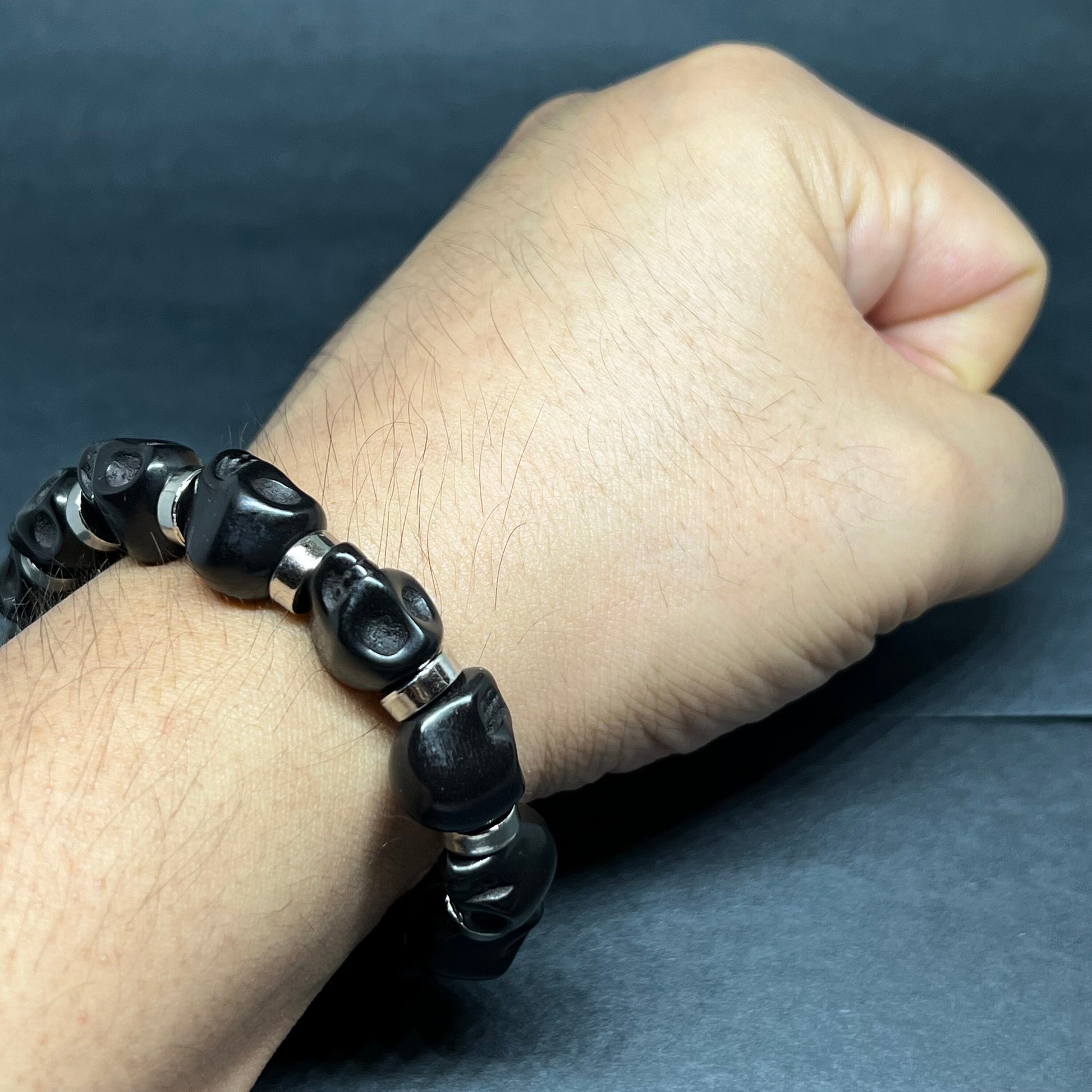 Black Skull Beaded Wristband Elastic Bracelet with Metallic Silver Steel Tone Beads Man Jewelry Men's Casual Fashion Day of the Dead Gift