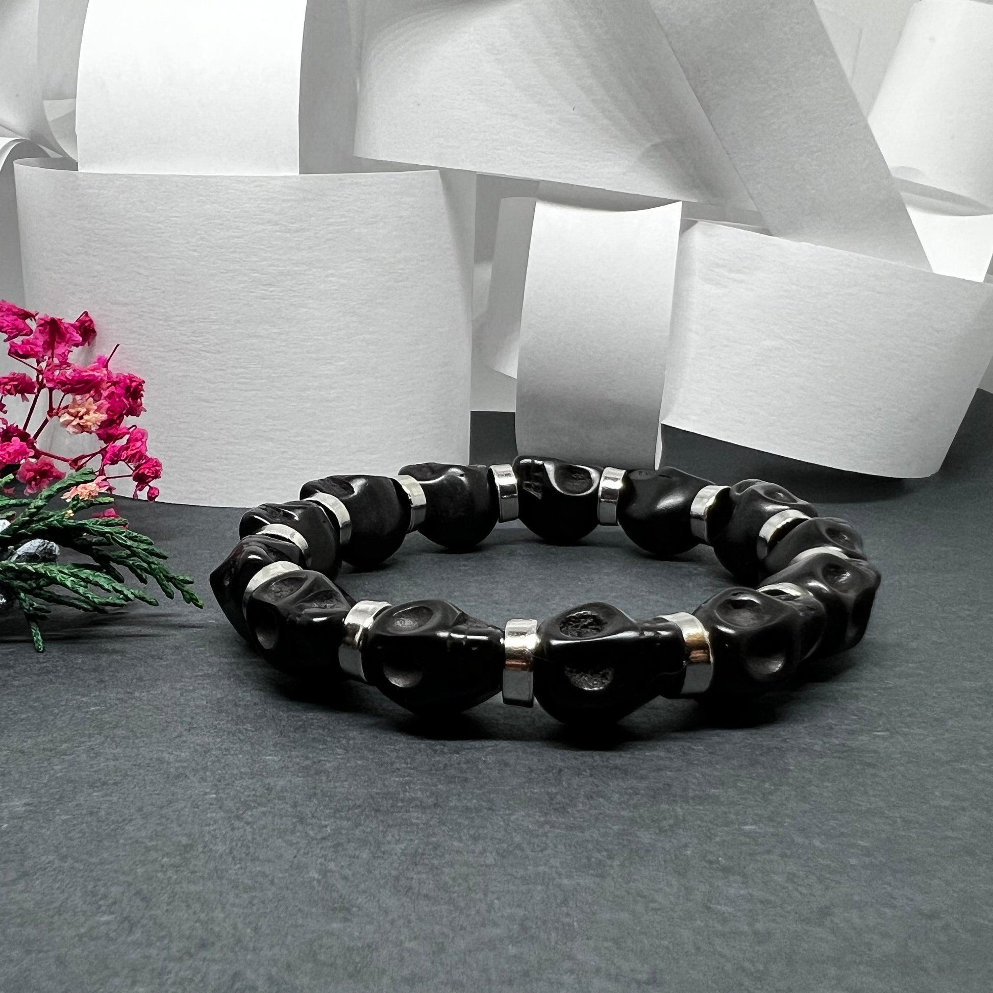 Black Skull Beaded Bracelet with Metallic Silver Steel Tone Beads Wristband Man Jewelry Men's Casual Fashion Day of the Dead Halloween Gift