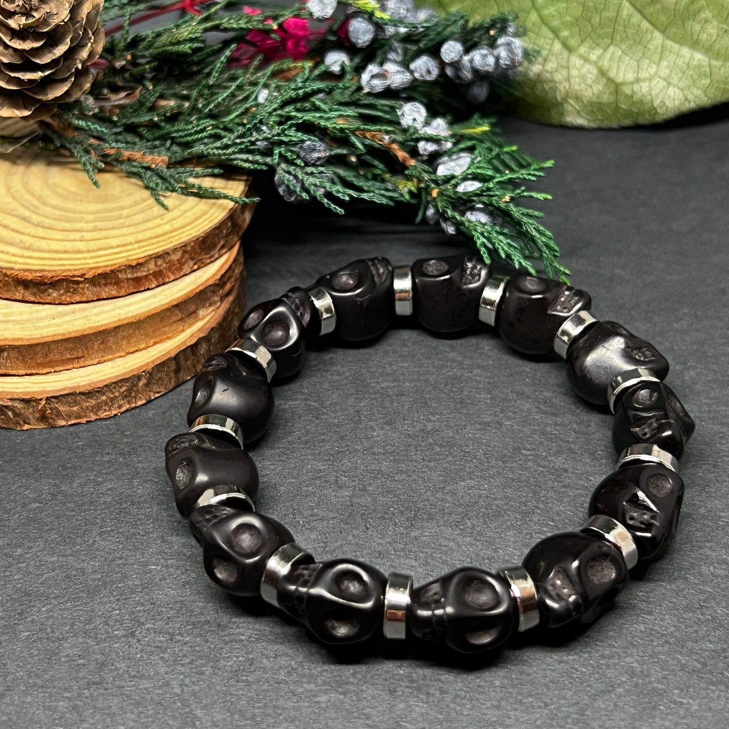Black Skull Beaded Bracelet with Metallic Silver Steel Tone Beads Wristband Man Jewelry Men's Casual Fashion Day of the Dead Halloween Gift