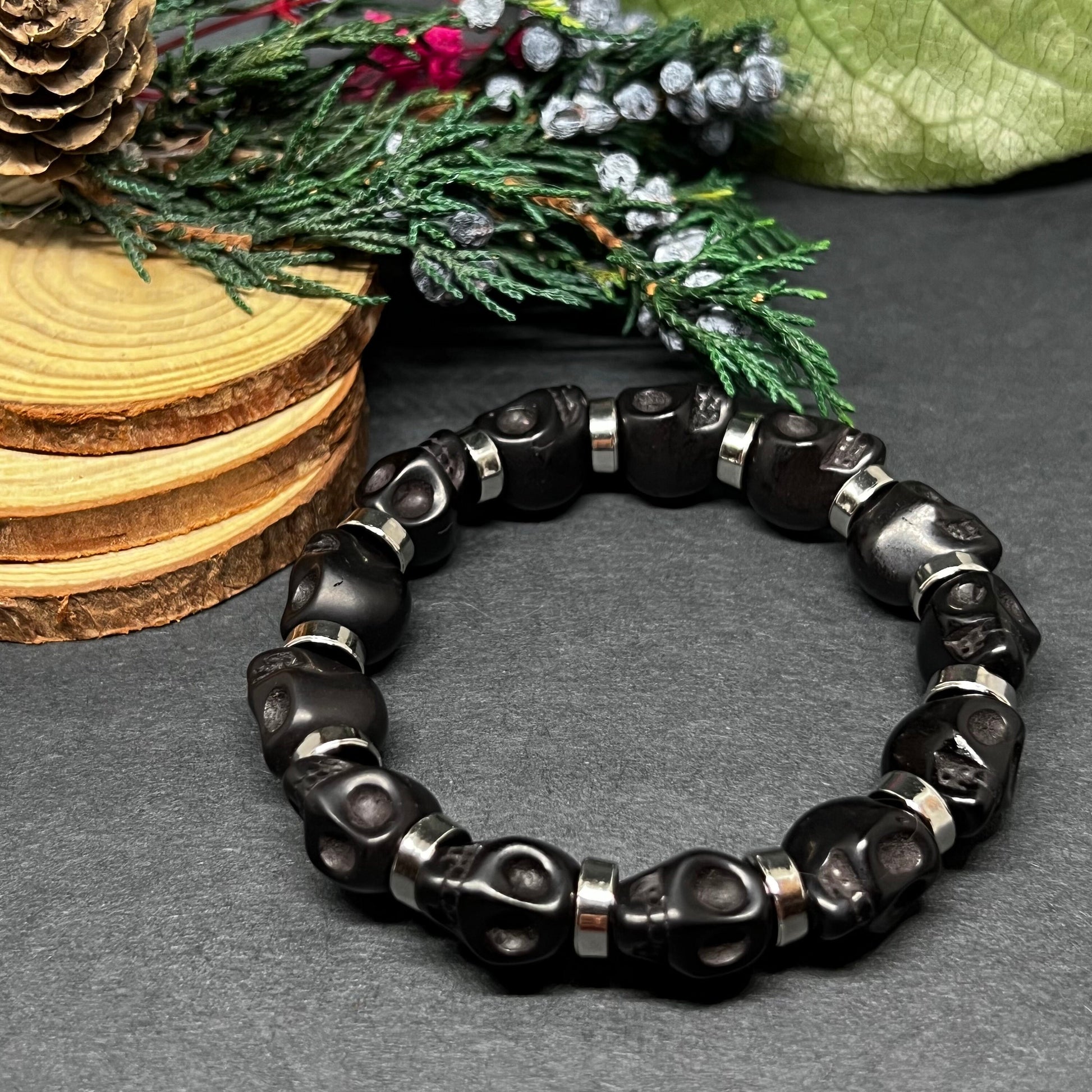 Black Skull Beaded Bracelet with Metallic Silver Steel Tone Beads Wristband Man Jewelry Men's Casual Fashion Day of the Dead Halloween Gift