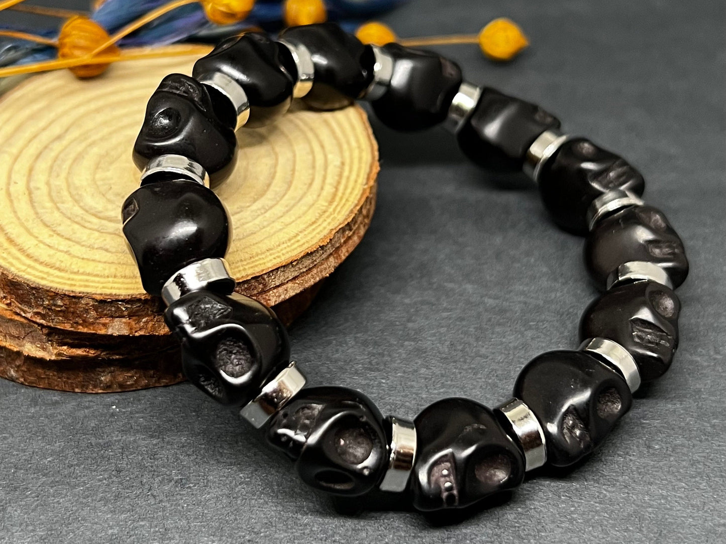 Black Skull Beaded Bracelet with Metallic Silver Steel Tone Beads Wristband Man Jewelry Men's Casual Fashion Day of the Dead Halloween Gift