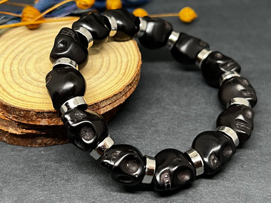 Black Skull Beaded Bracelet with Metallic Silver Steel Tone Beads Wristband Man Jewelry Men's Casual Fashion Day of the Dead Halloween Gift
