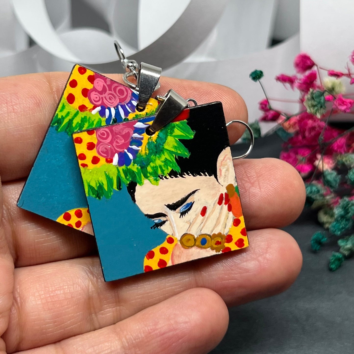 Colorful Frida Earrings Hand Painted Wood Original Wearable Art Bohemian Mexican Jewelry Pretty Woman & Girl Birthday Gift Christmas Mexico