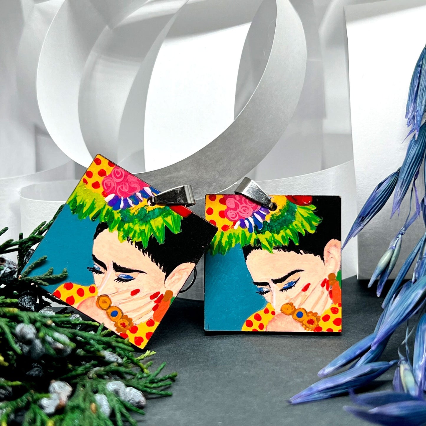 Colorful Frida Earrings Hand Painted Wood Original Wearable Art Bohemian Mexican Jewelry Pretty Woman & Girl Birthday Gift Christmas Mexico