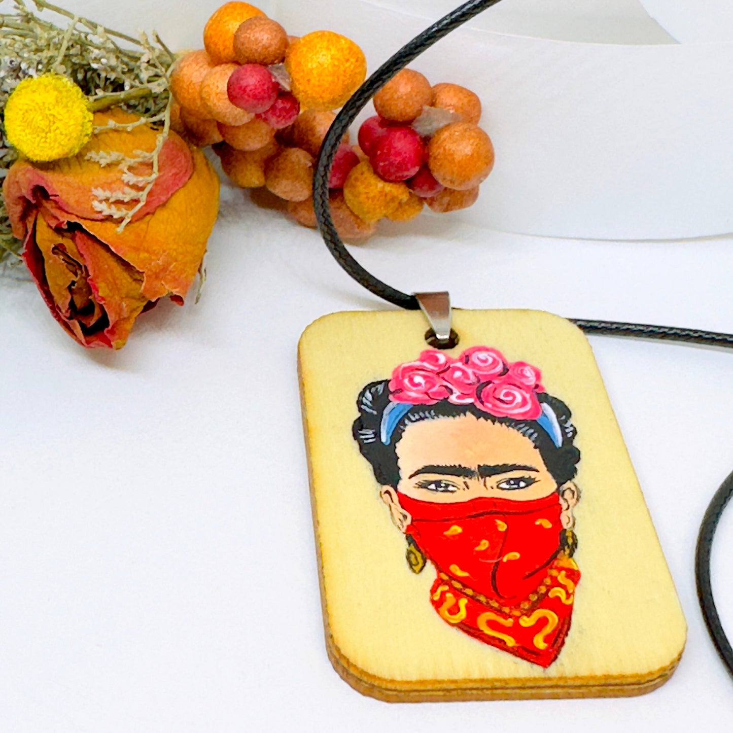 Rebel Frida Inspired Handpainted Wooden Pendant Necklace Fridalovers Art To Wear Fashion Feminist Mexican Artist Portrait Bohemian Accessory