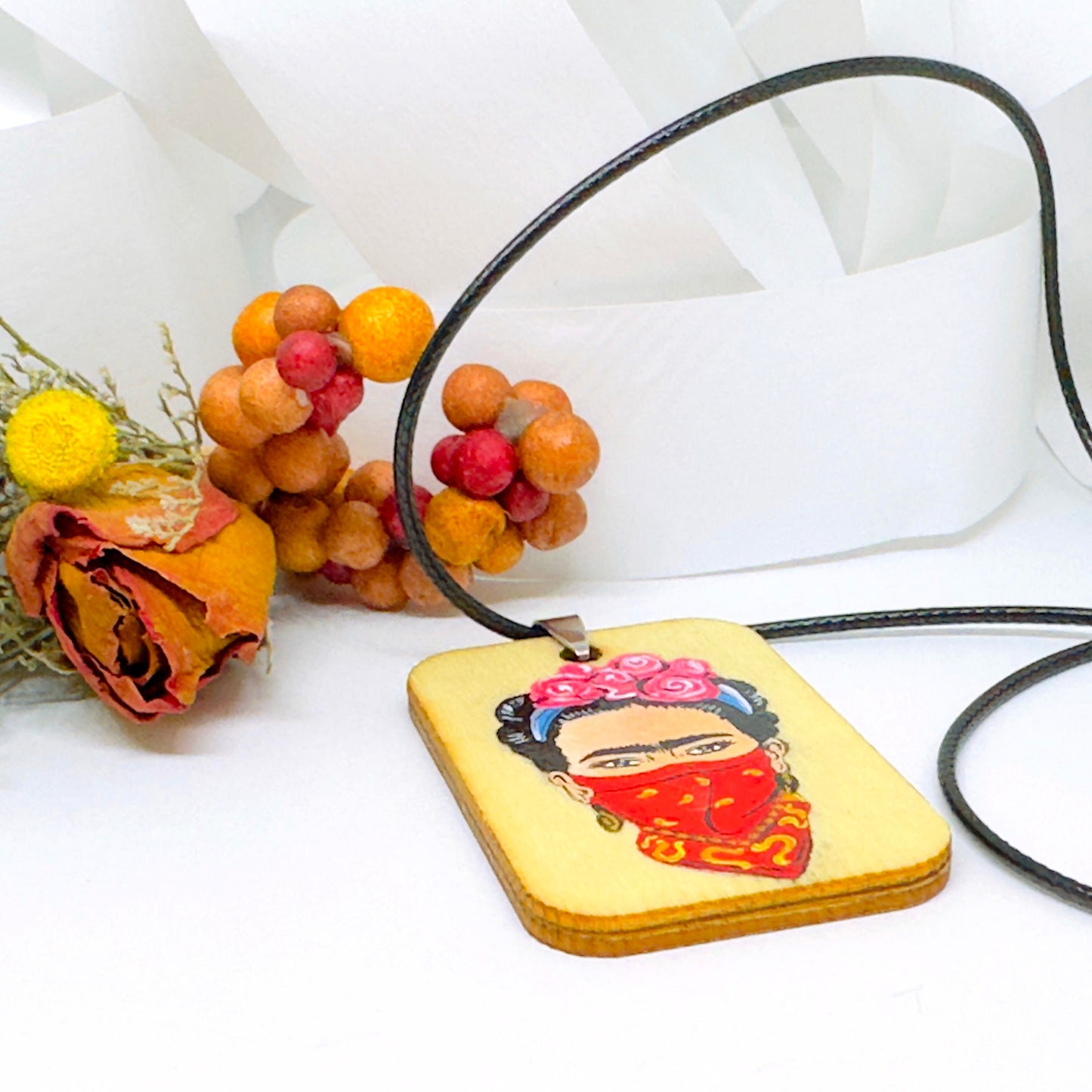 Rebel Frida Inspired Handpainted Wooden Pendant Necklace Fridalovers Art To Wear Fashion Feminist Mexican Artist Portrait Bohemian Accessory