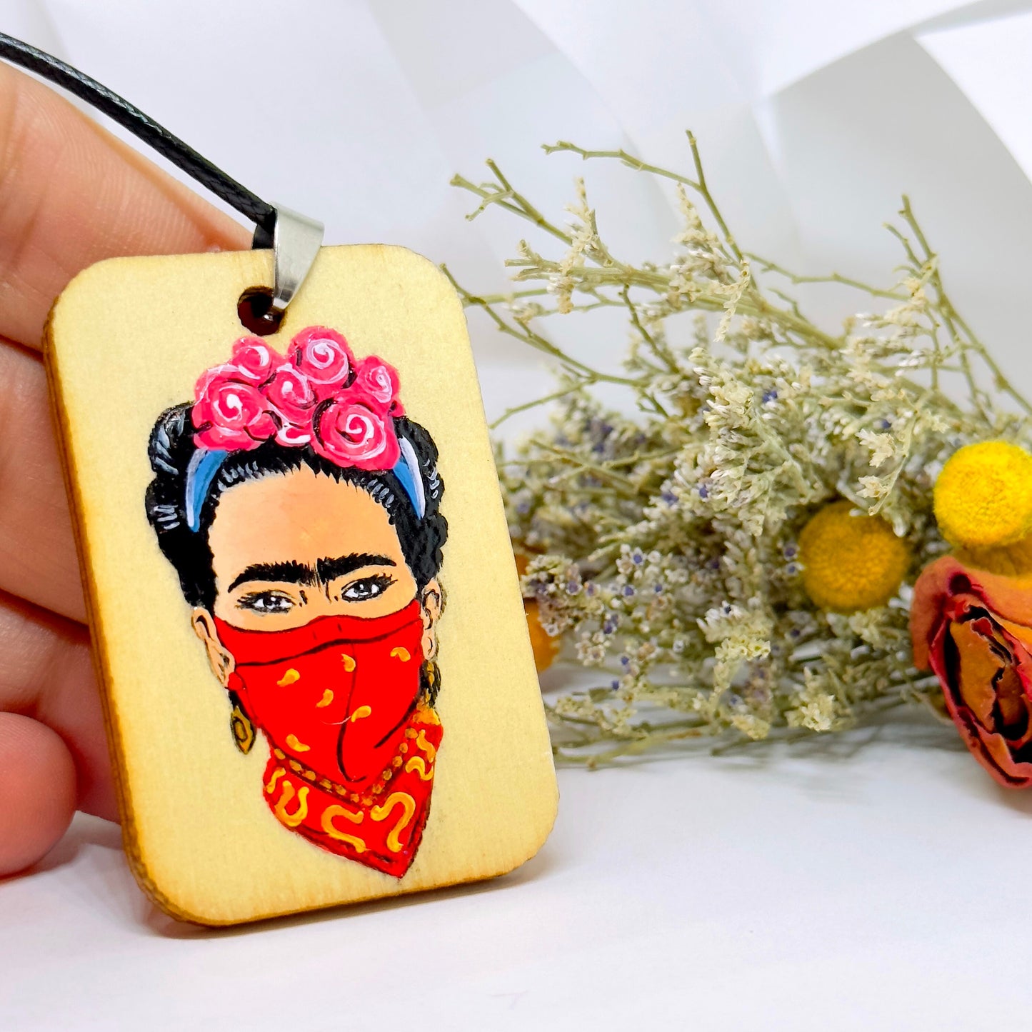 Rebel Frida Inspired Handpainted Wooden Pendant Necklace Fridalovers Art To Wear Fashion Feminist Mexican Artist Portrait Bohemian Accessory