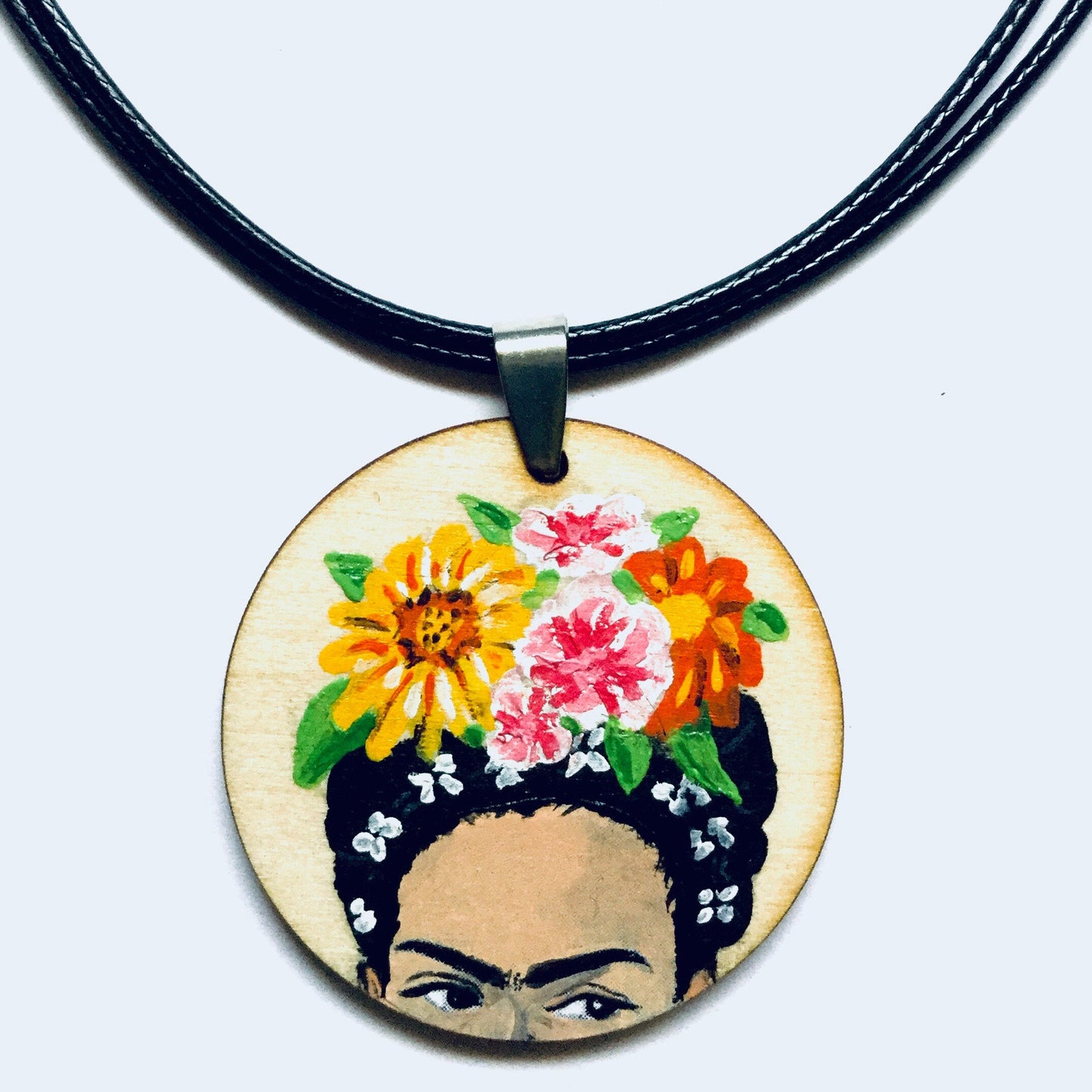 Floral Frida Pendant Necklace Hand Painted Wooden Floral Pendant Mexican Jewelry Girl Pendant Frida Artwear Wearable Art Frida Inspired Art