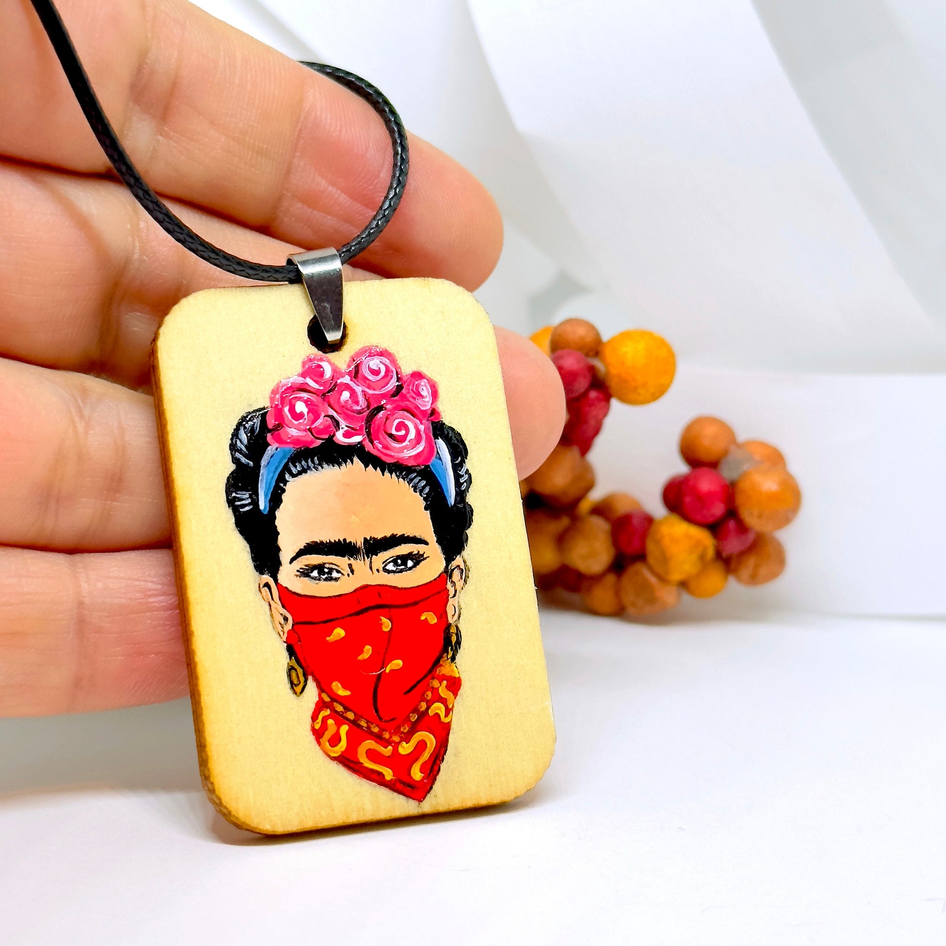 Feminist Frida Pendant Necklace Hand Painted Wooden Frida Necklace Wearable Art Women Frida Jewelry Artwear Mexican Jewelry Frida Art Gift