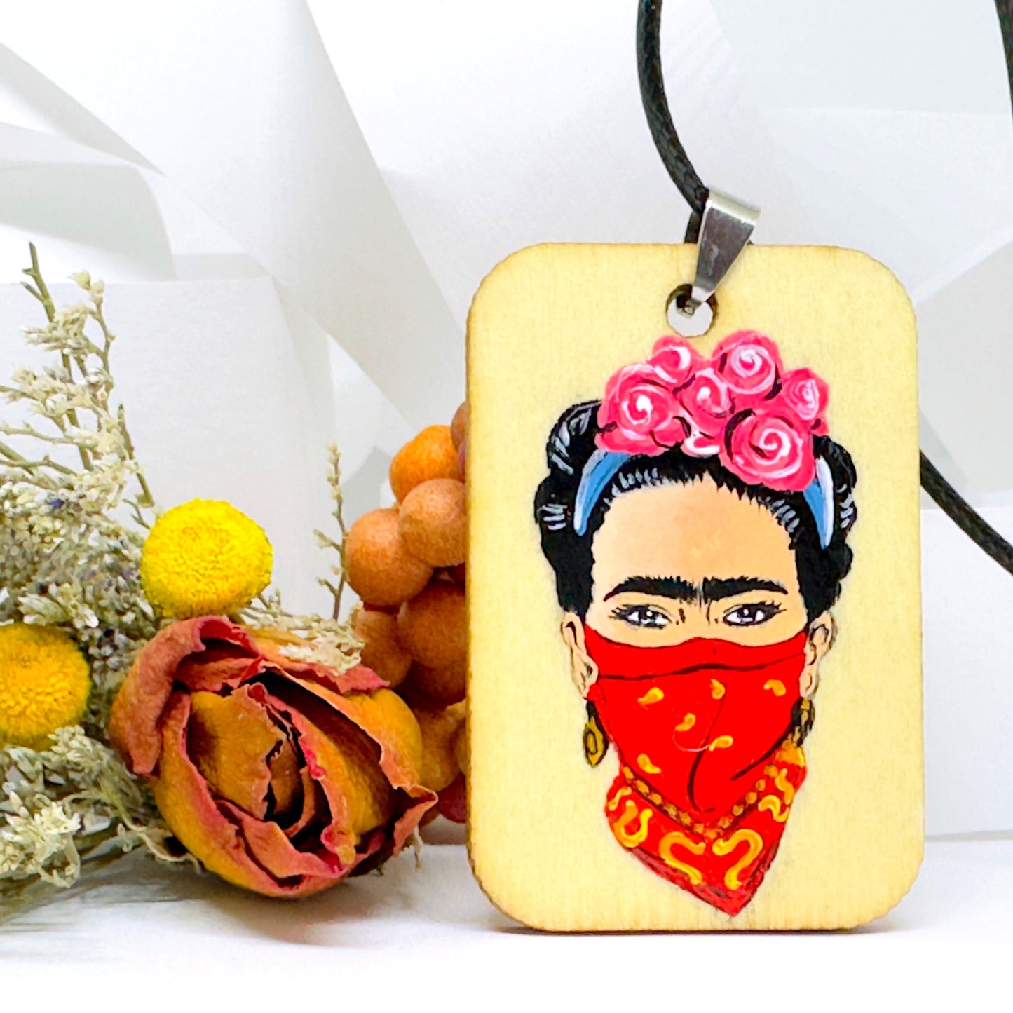Rebel Frida Inspired Handpainted Wooden Pendant Necklace Fridalovers Art To Wear Fashion Feminist Mexican Artist Portrait Bohemian Accessory