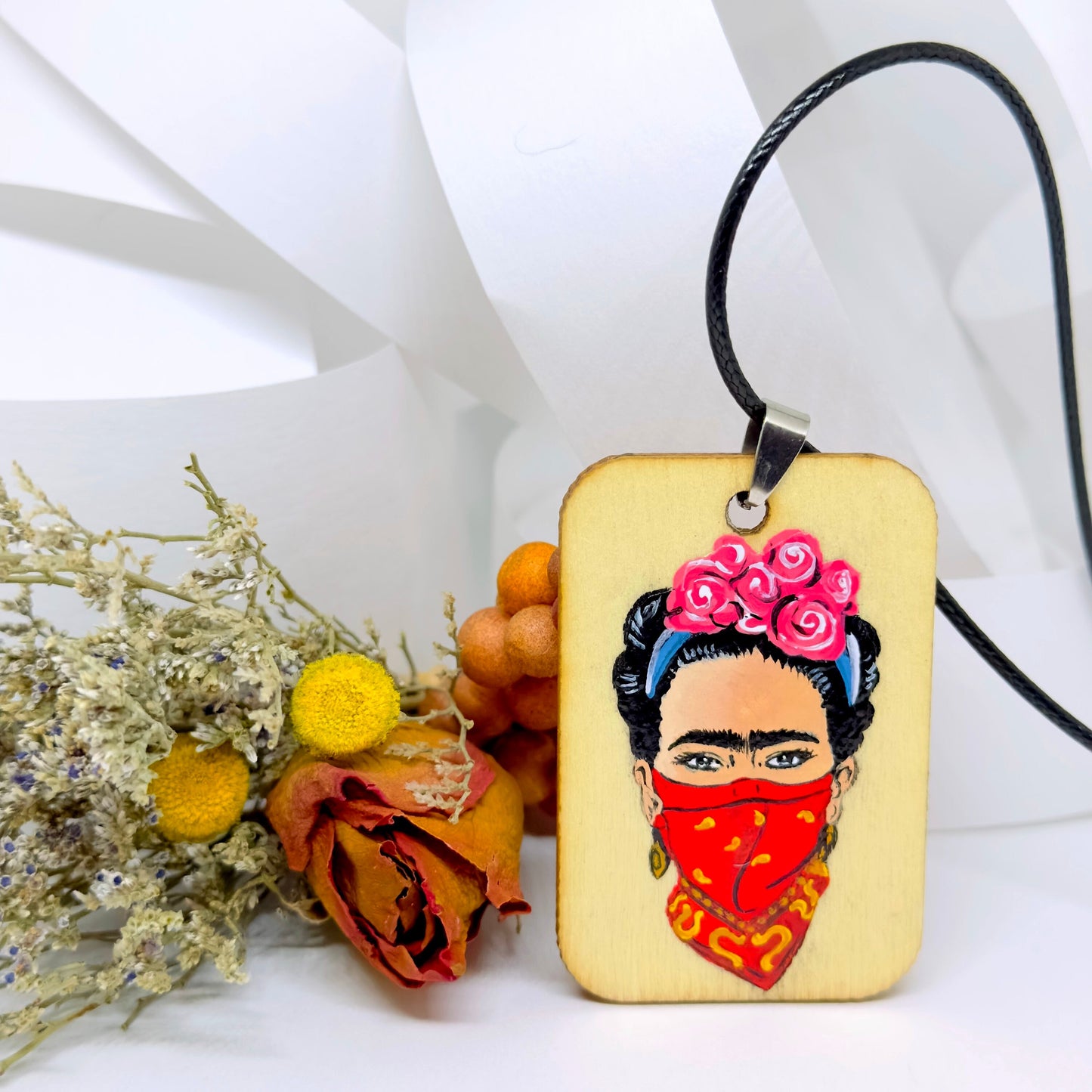 Rebel Frida Inspired Handpainted Wooden Pendant Necklace Fridalovers Art To Wear Fashion Feminist Mexican Artist Portrait Bohemian Accessory