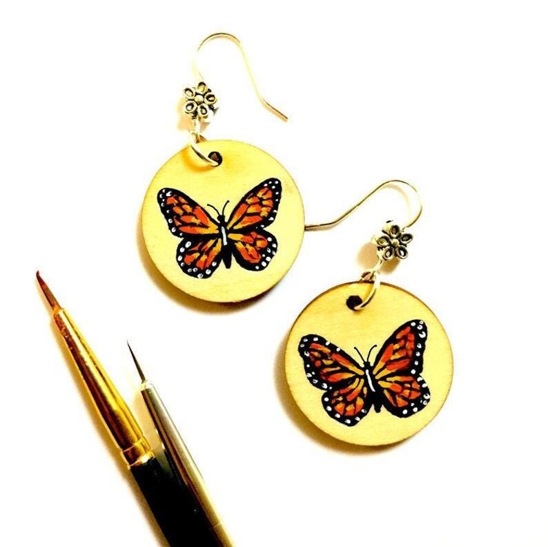 Butterfly Earrings Mexican Folk Art Jewelry HandPainted Wood Monarch Butterfly Earrings Women Dangle Earrings Aretes Mariposa Frida Inspired