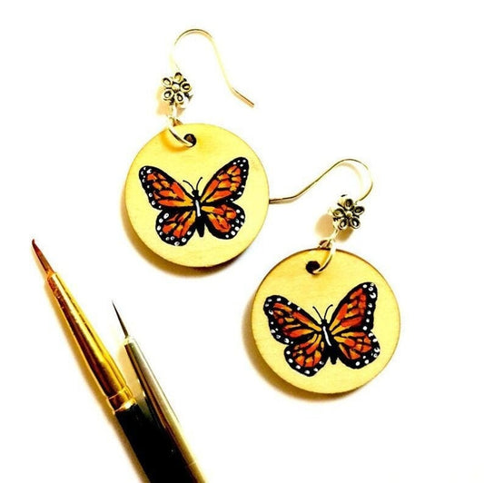Butterfly Earrings Mexican Folk Art Jewelry HandPainted Wood Monarch Butterfly Earrings Women Dangle Earrings Aretes Mariposa Frida Inspired