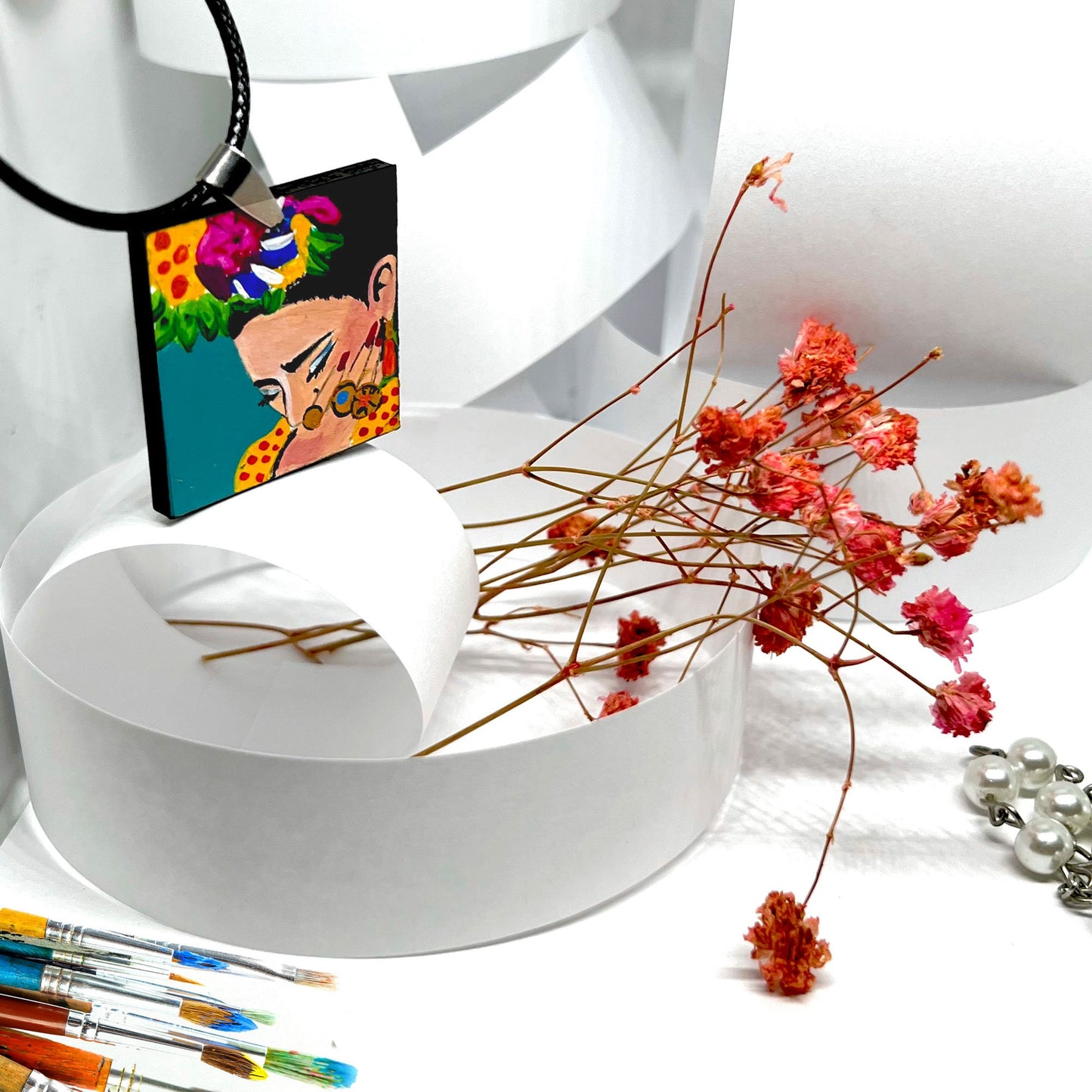 Bohemian Frida Necklace Pendant Hand Painted Colorful Floral Mexican Jewelry Folk Art to Wear Girls Women Fashion Fridalovers Gift Cute Idea