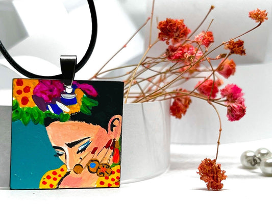 Bohemian Frida Necklace Pendant Hand Painted Colorful Floral Mexican Jewelry Folk Art to Wear Girls Women Fashion Fridalovers Gift Cute Idea