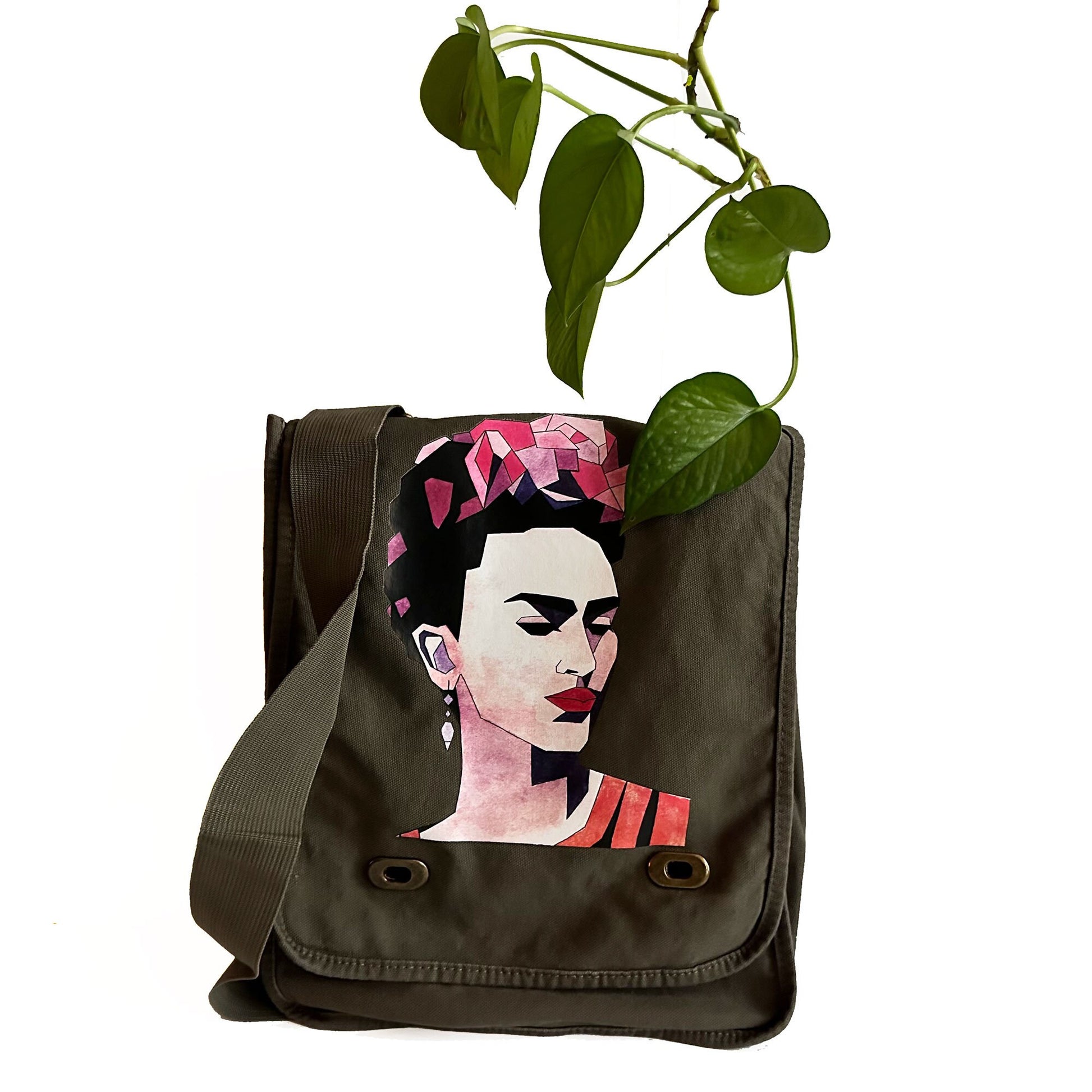 Frida Inspired Bag for Girls Urban Fashion City Crossbody Shoulder Messenger Bag Khaki Green Soft Cotton Canvas Mexican Artist Icon Portrait