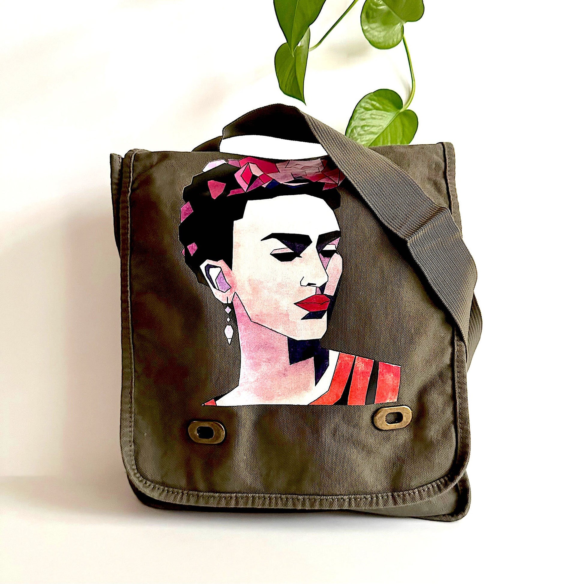 Frida Inspired Bag for Girls Urban Fashion City Crossbody Shoulder Messenger Bag Khaki Green Soft Cotton Canvas Mexican Artist Icon Portrait