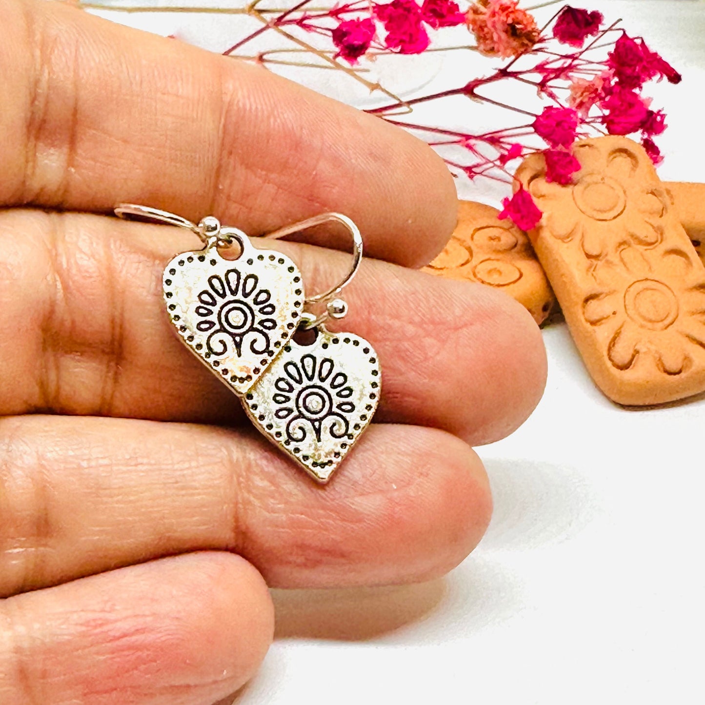 Dainty Carved Heart Earrings Flower Designs Flowered Heart Earrings Floral Design Motifs Ancient Mexico Pre-Columbian Mexican Silver Jewelry