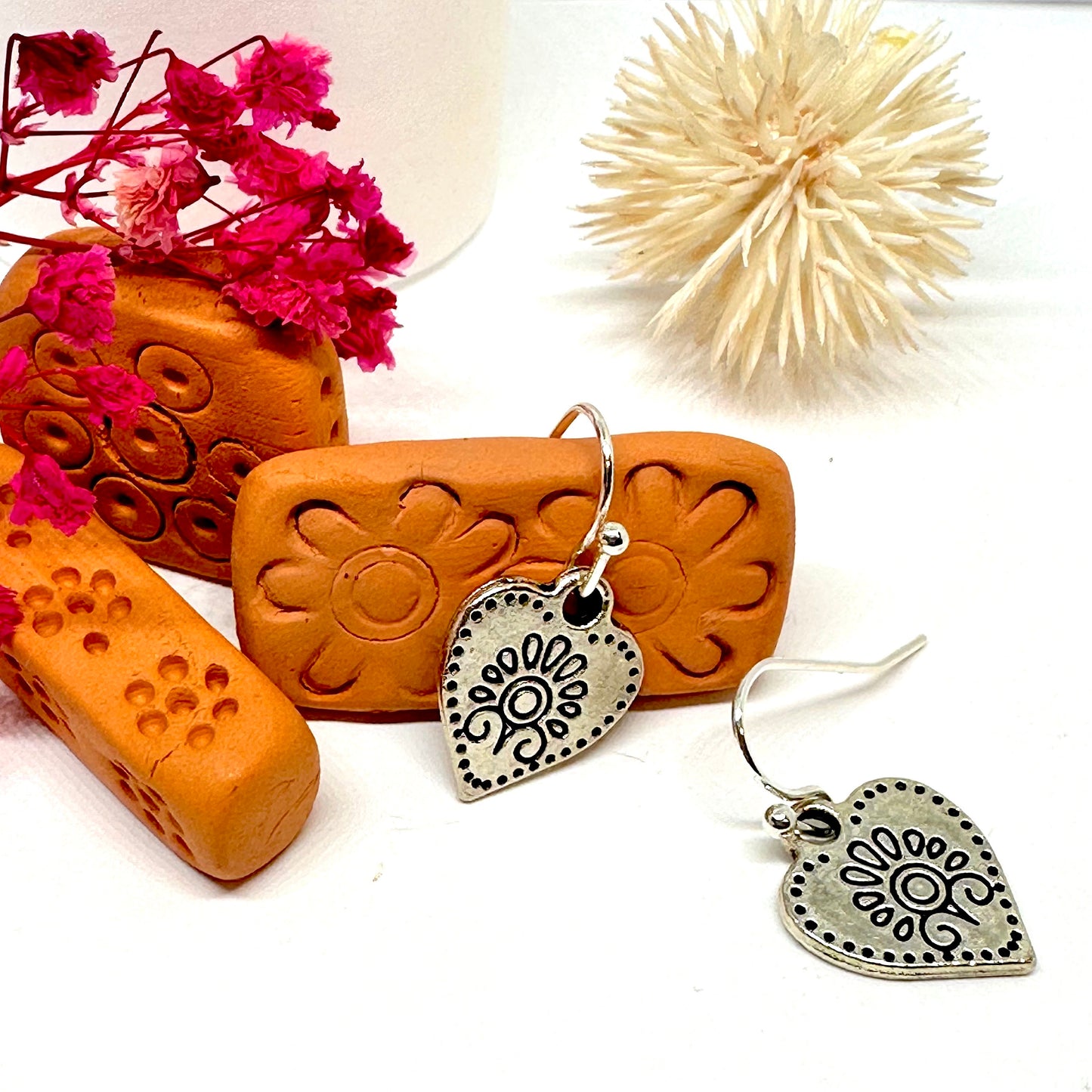 Dainty Carved Heart Earrings Flower Designs Flowered Heart Earrings Floral Design Motifs Ancient Mexico Pre-Columbian Mexican Silver Jewelry