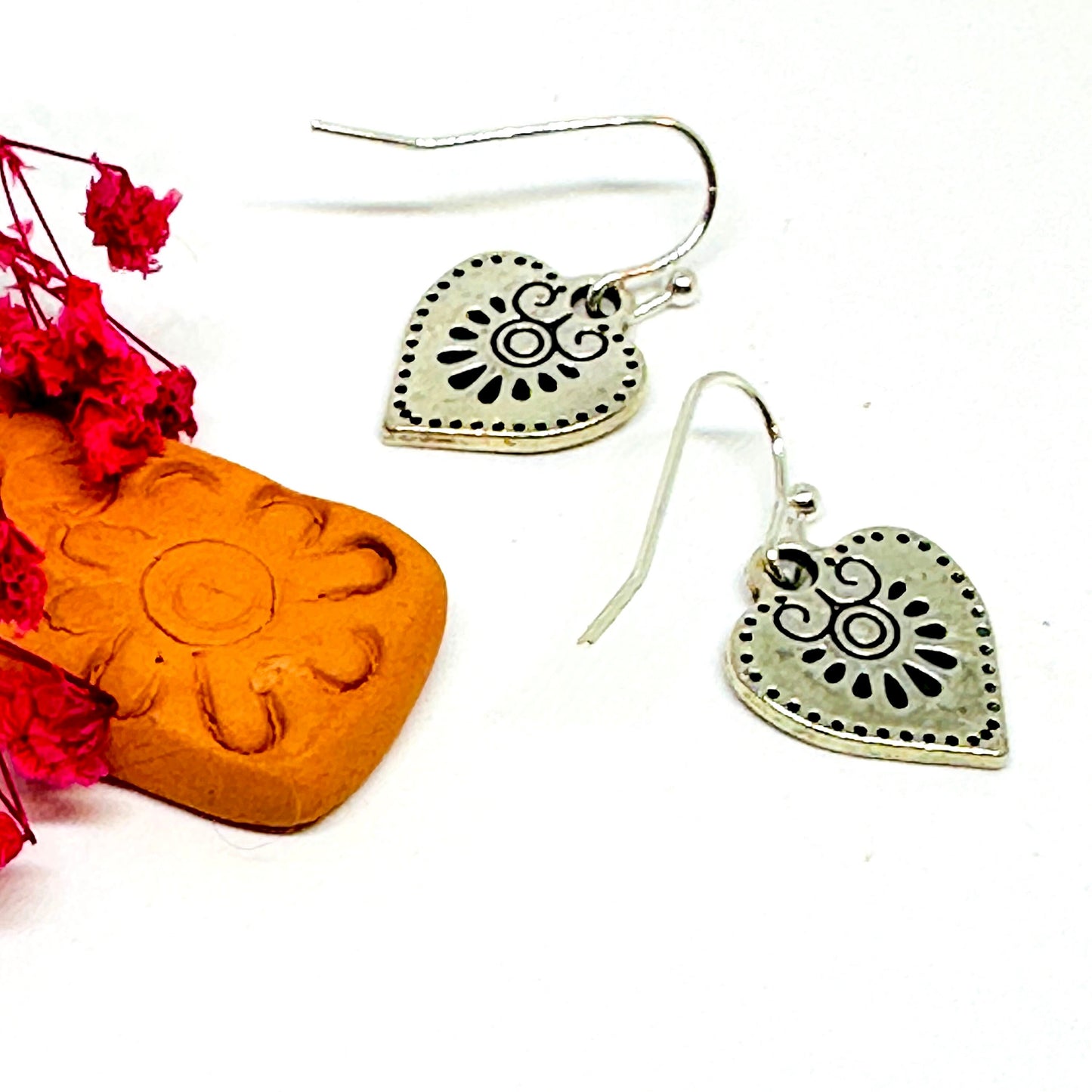 Dainty Carved Heart Earrings Flower Designs Flowered Heart Earrings Floral Design Motifs Ancient Mexico Pre-Columbian Mexican Silver Jewelry